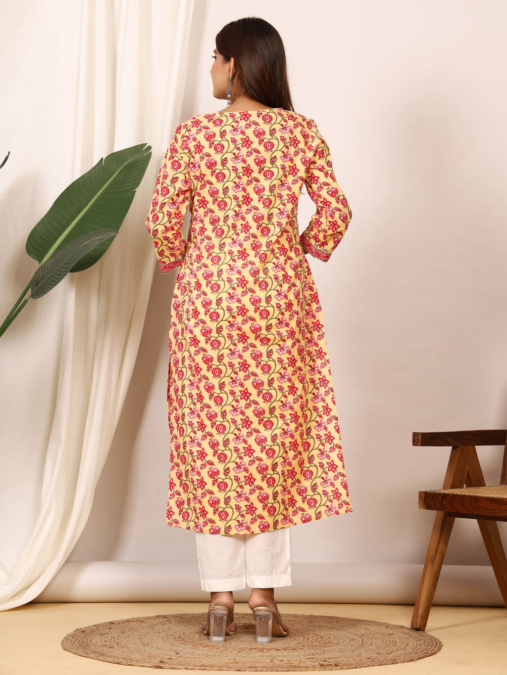 Sanganeri Lemon Yellow Floral Pure Cotton Kurti