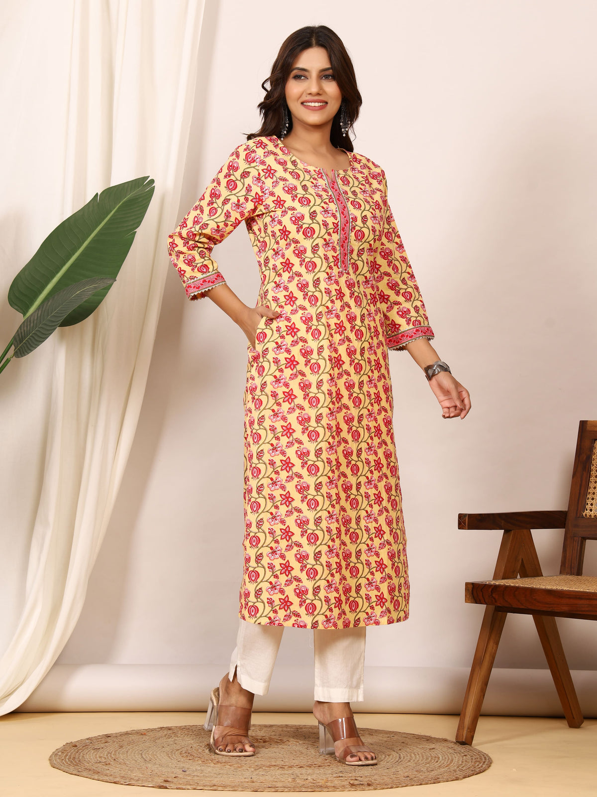 Sanganeri Lemon Yellow Floral Pure Cotton Kurti