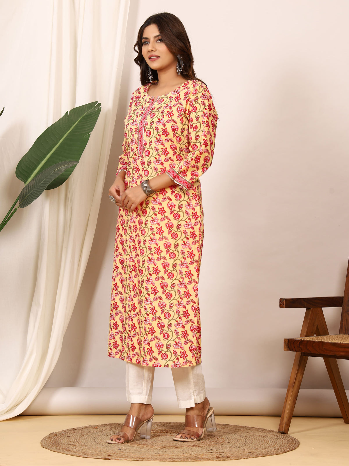 Sanganeri Lemon Yellow Floral Pure Cotton Kurti