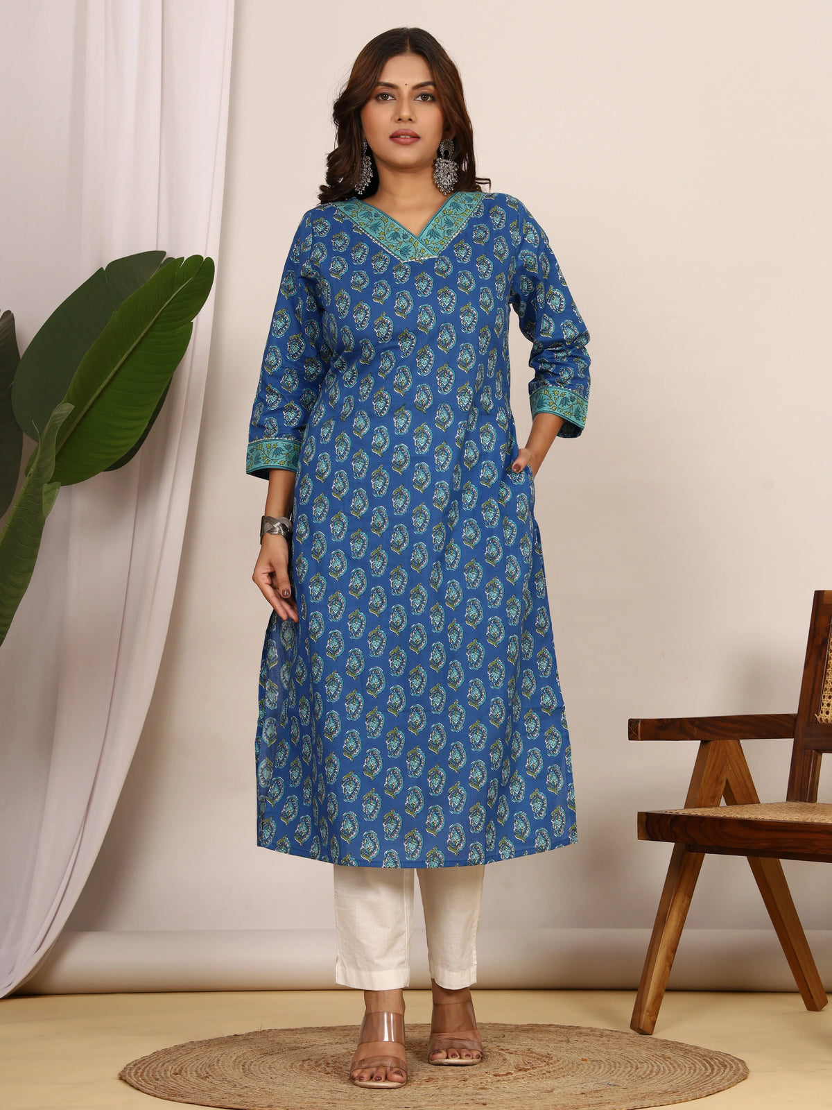 Sanganeri Floral Print Royal Blue Cotton Kurti