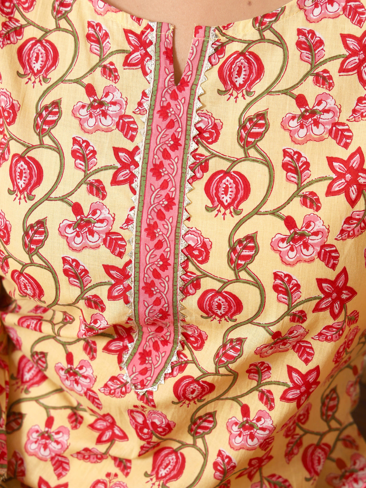 Sanganeri Lemon Yellow Floral Pure Cotton Kurti
