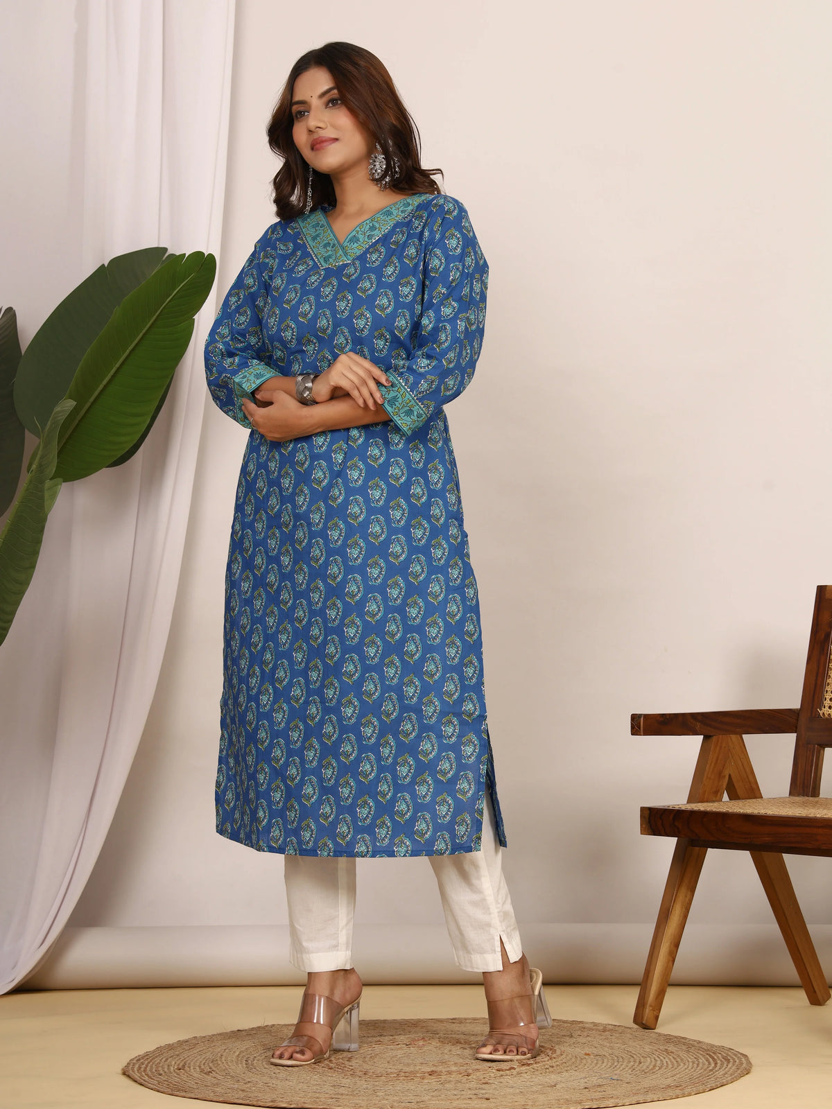 Sanganeri Floral Print Royal Blue Cotton Kurti