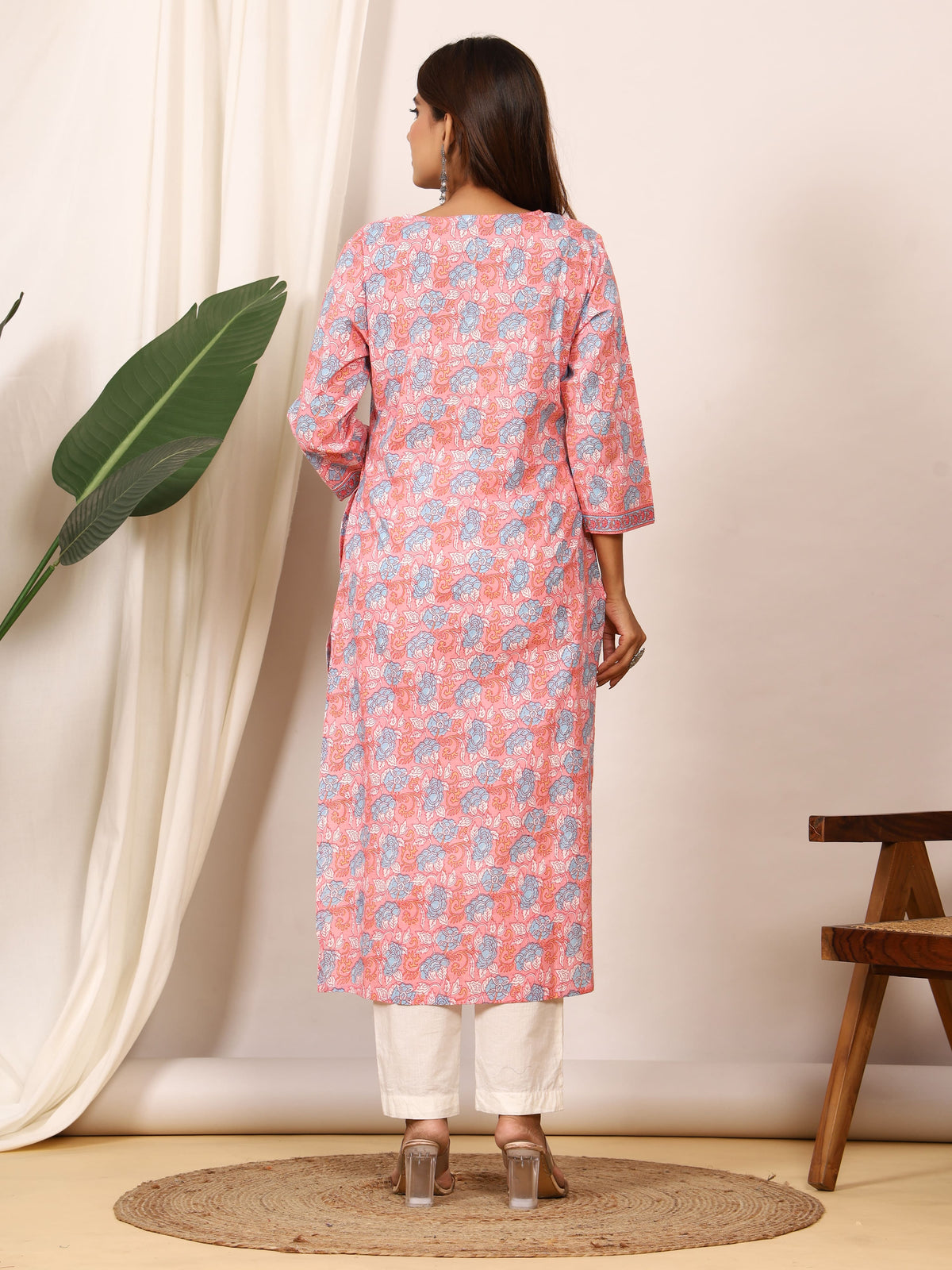 Sanganeri Peach Pink Floral Pure Cotton Kurti