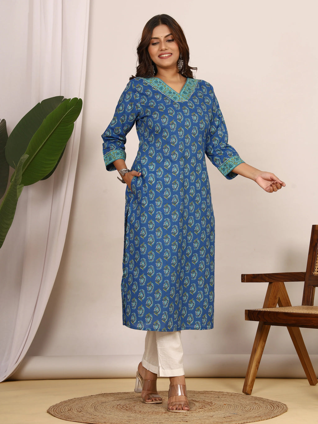 Sanganeri Floral Print Royal Blue Cotton Kurti