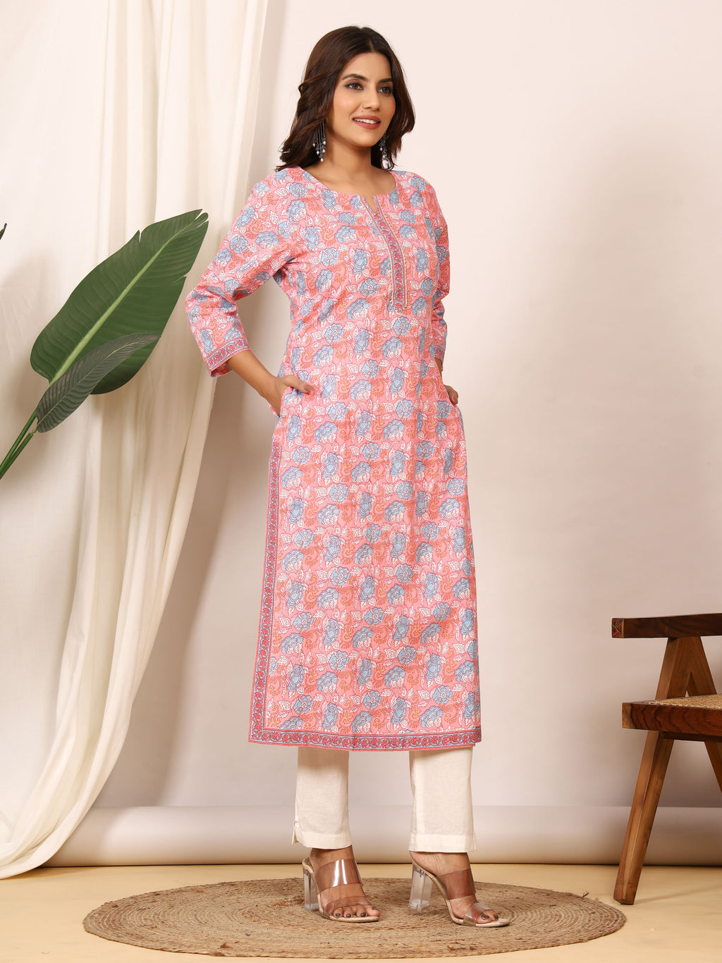 Sanganeri Peach Pink Floral Pure Cotton Kurti