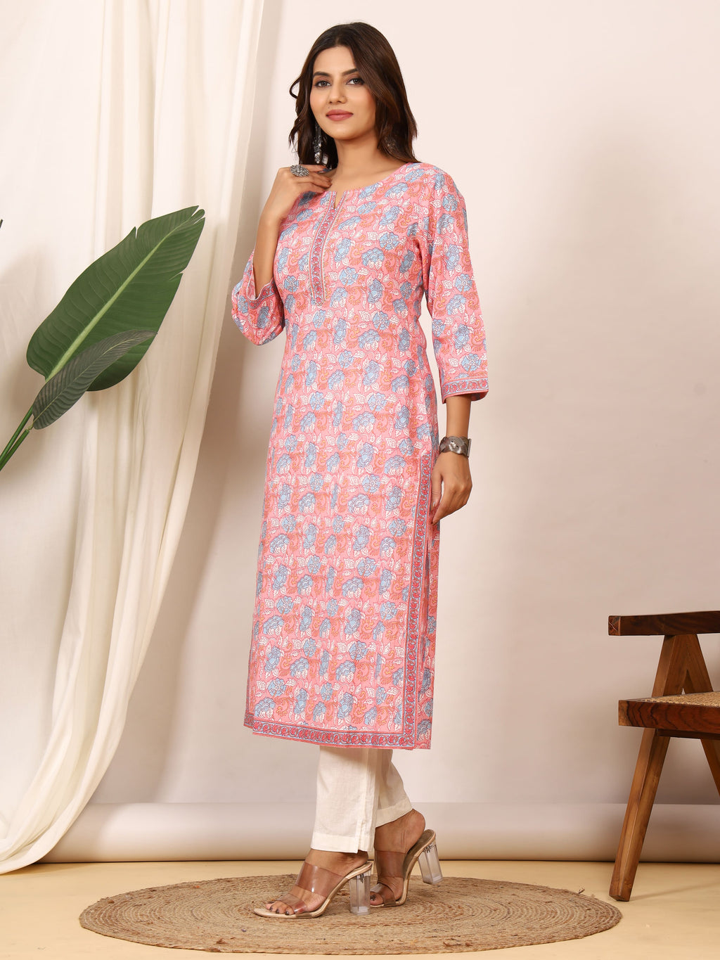 Sanganeri Peach Pink Floral Pure Cotton Kurti