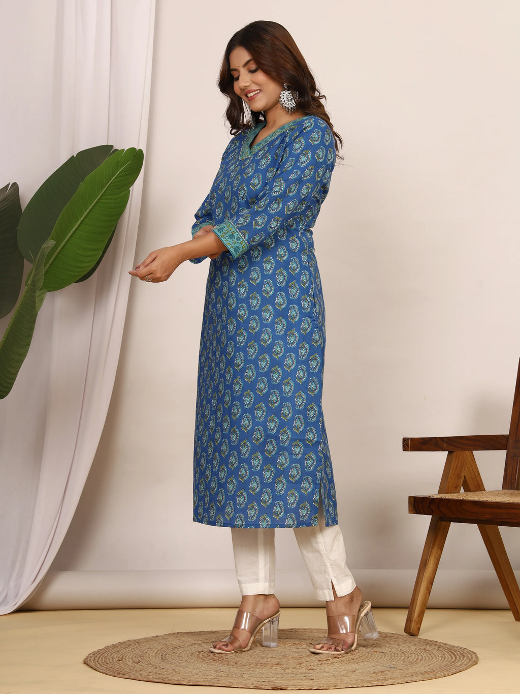Sanganeri Floral Print Royal Blue Cotton Kurti