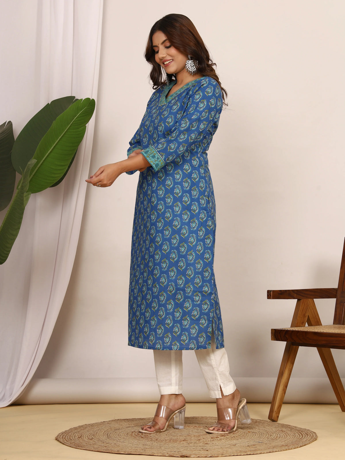Sanganeri Floral Print Royal Blue Cotton Kurti