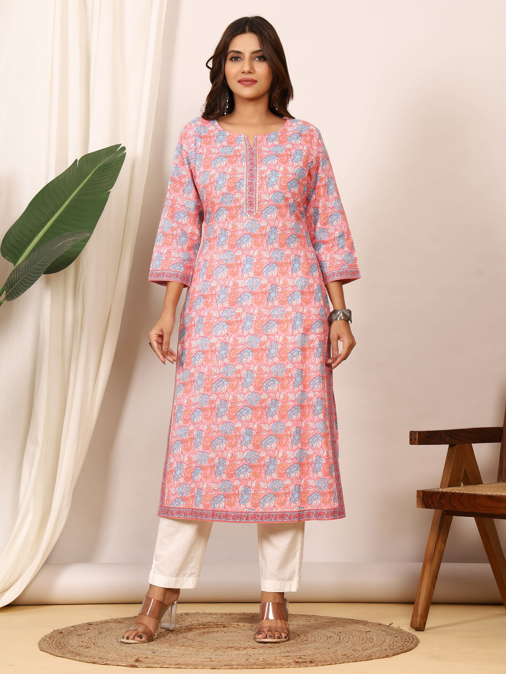Sanganeri Peach Pink Floral Pure Cotton Kurti