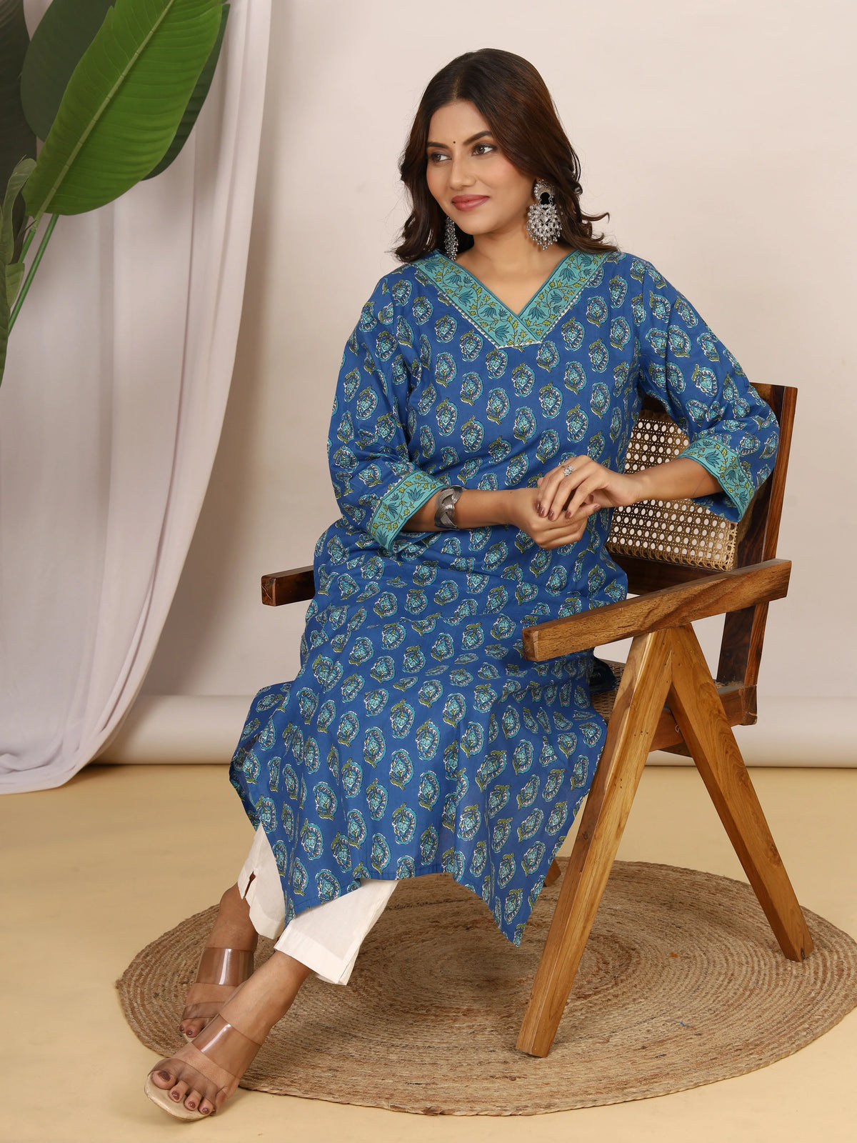 Sanganeri Floral Print Royal Blue Cotton Kurti