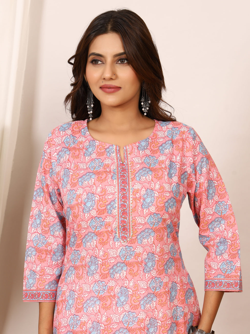 Sanganeri Peach Pink Floral Pure Cotton Kurti