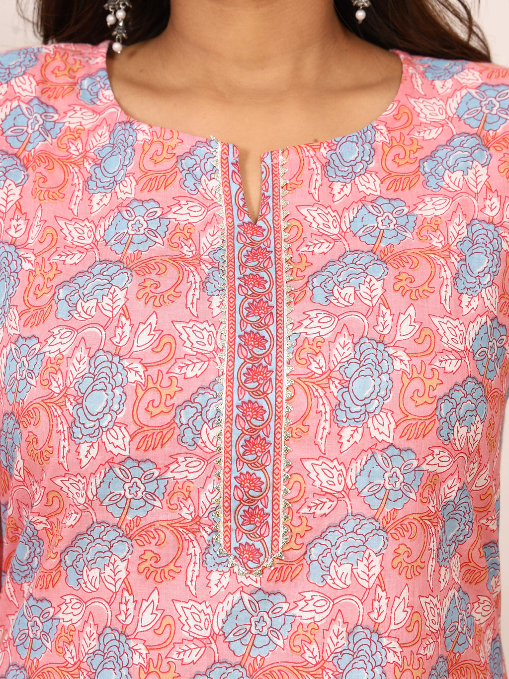 Sanganeri Peach Pink Floral Pure Cotton Kurti