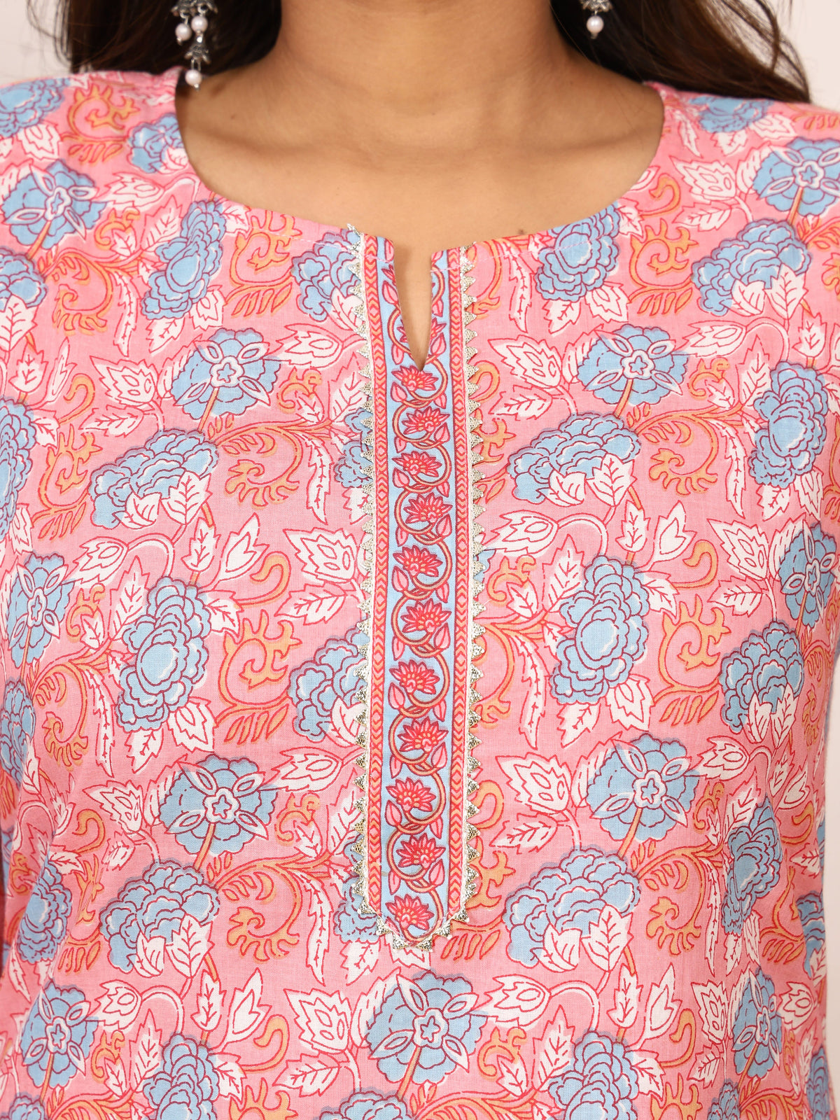 Sanganeri Peach Pink Floral Pure Cotton Kurti