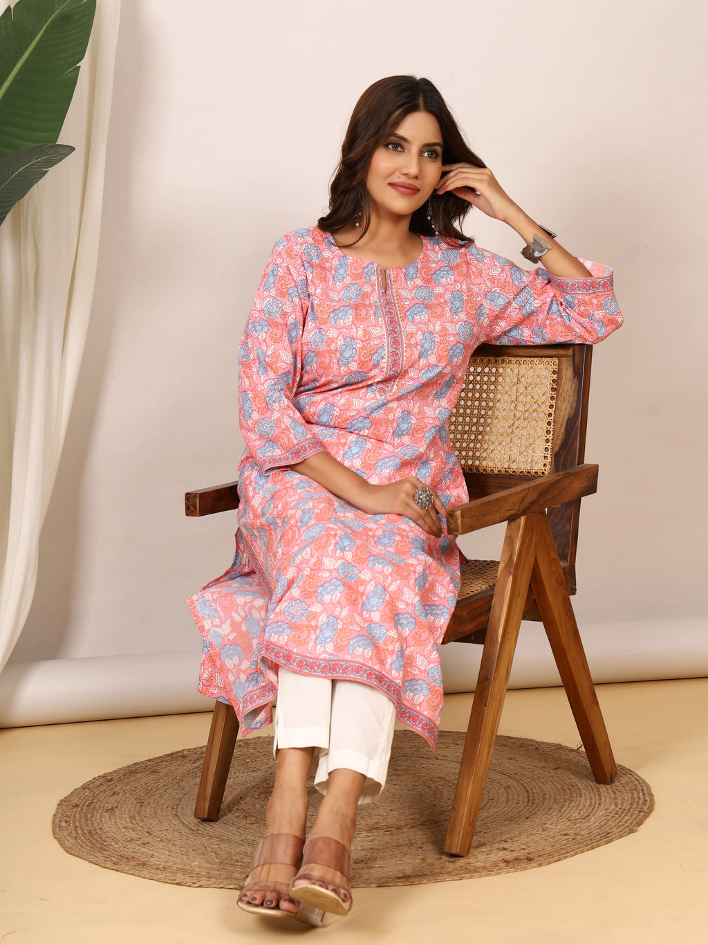 Sanganeri Peach Pink Floral Pure Cotton Kurti
