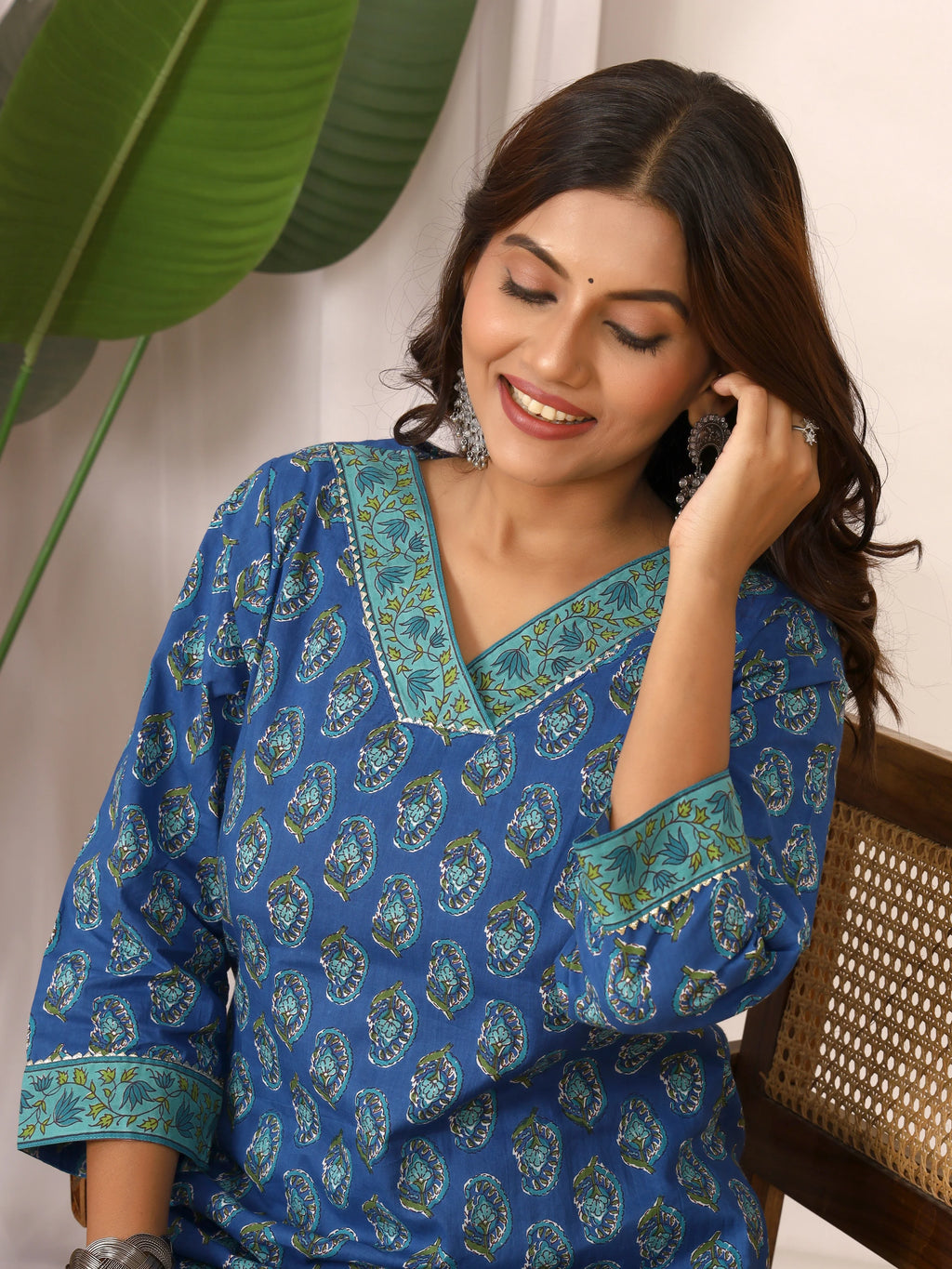 Sanganeri Floral Print Royal Blue Cotton Kurti