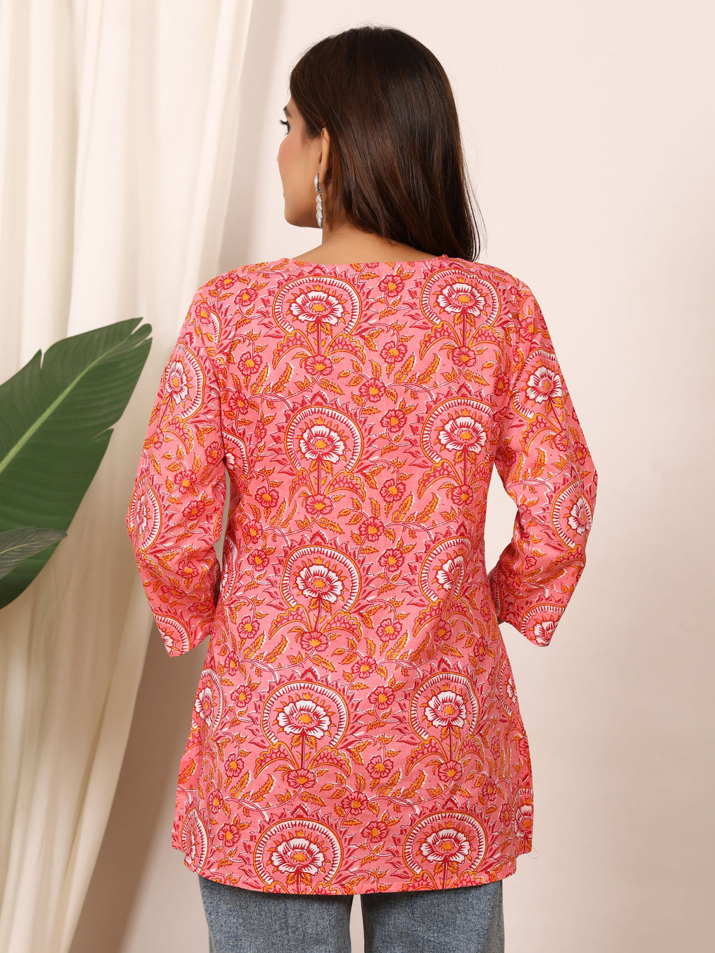 Pink & White Floral Mughal Block Print Pure Cotton Top