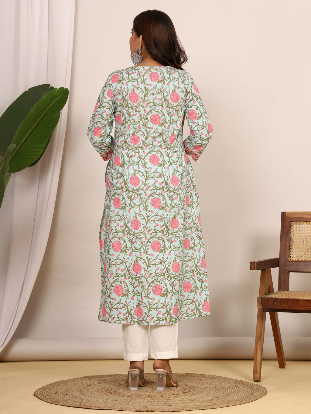 Sanganeri Bold Floral Seafoam & Pink Cotton Kurti