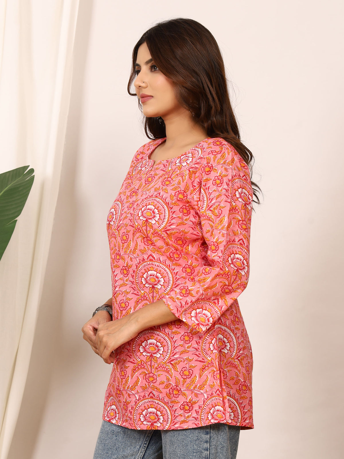 Pink & White Floral Mughal Block Print Pure Cotton Top