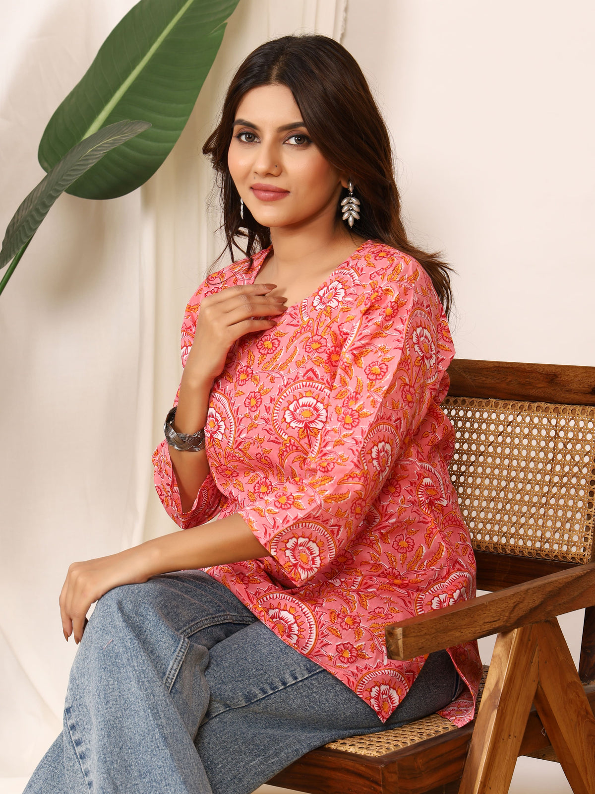 Pink & White Floral Mughal Block Print Pure Cotton Top