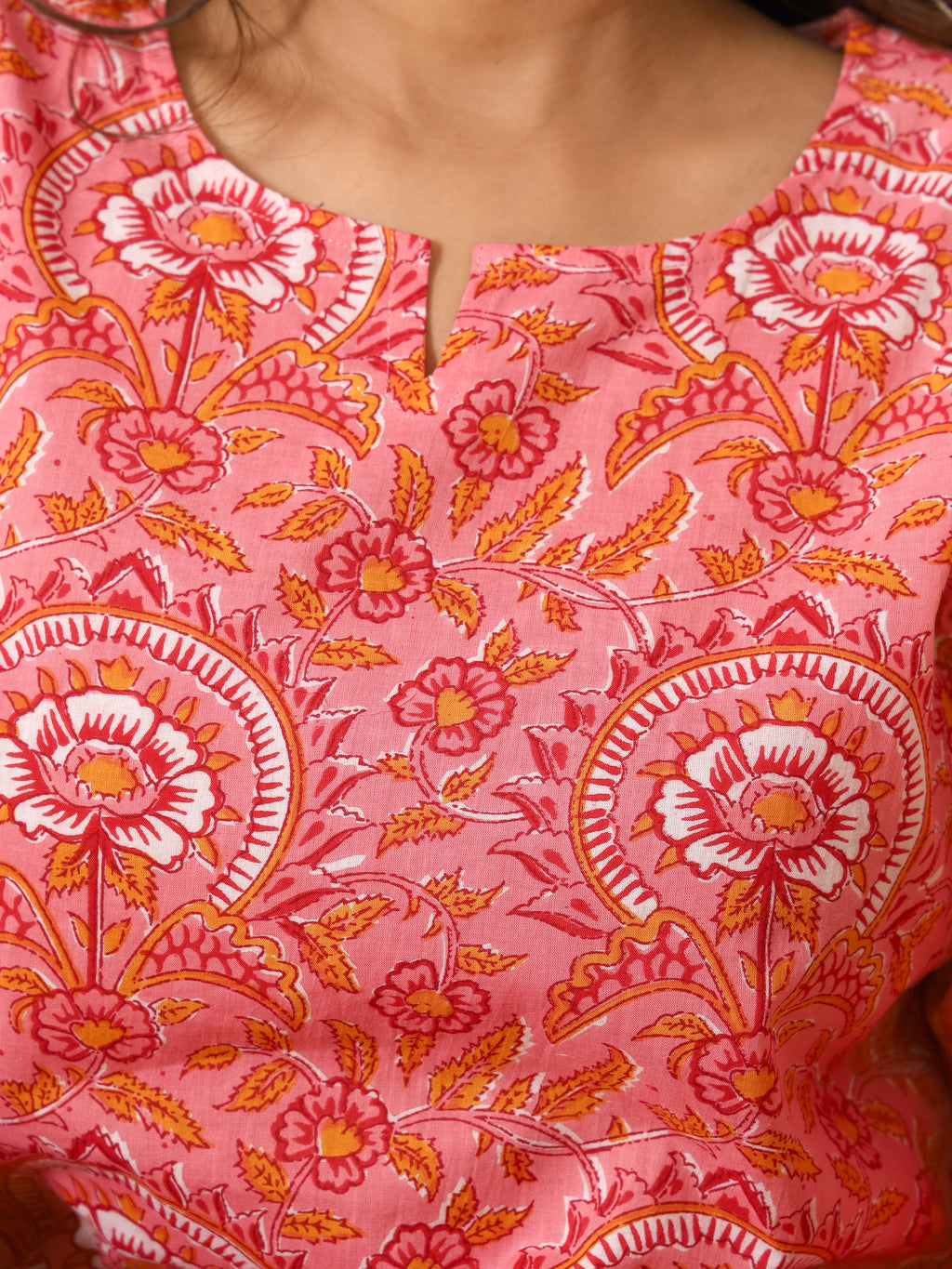 Pink & White Floral Mughal Block Print Pure Cotton Top