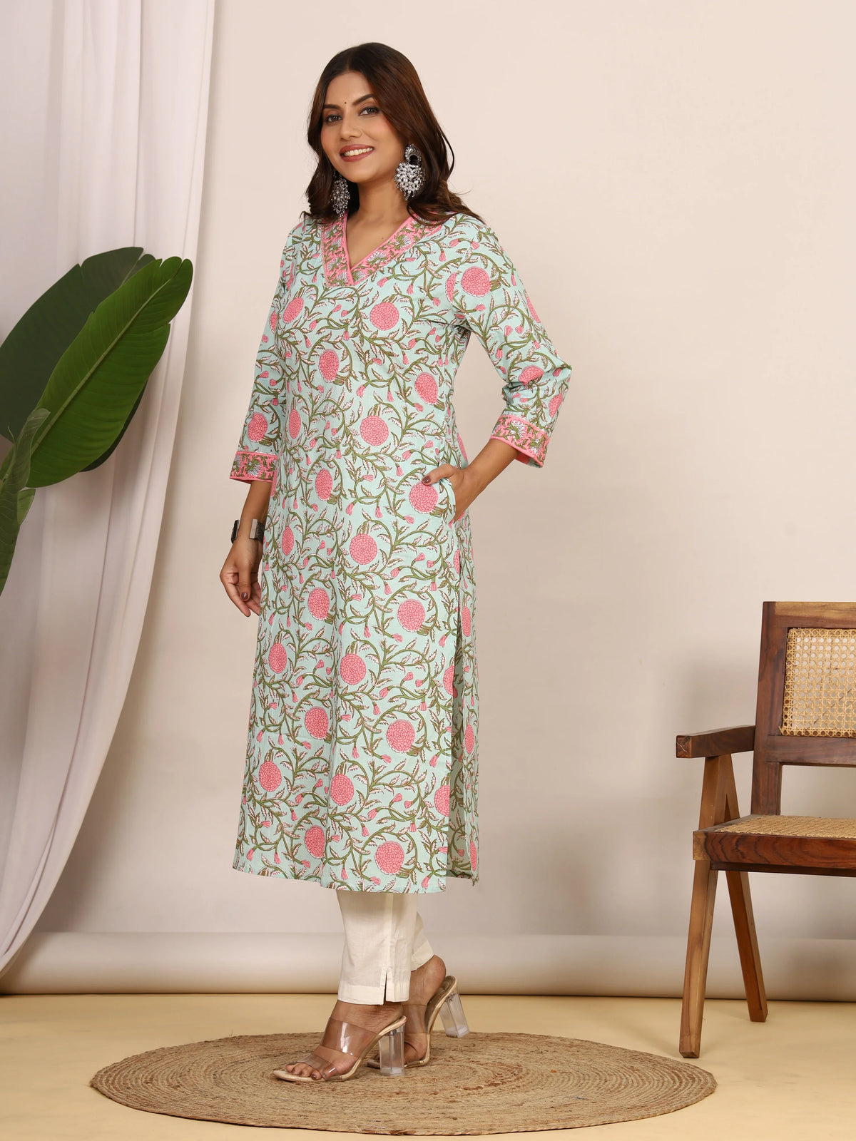 Sanganeri Bold Floral Seafoam & Pink Cotton Kurti