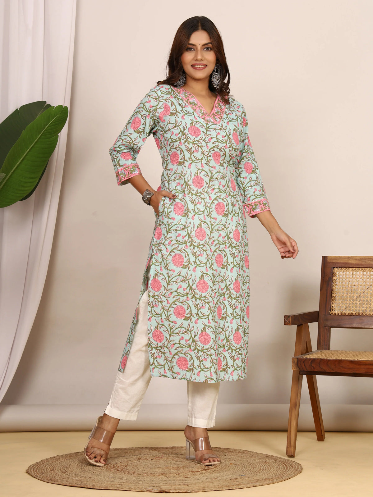 Sanganeri Bold Floral Seafoam & Pink Cotton Kurti
