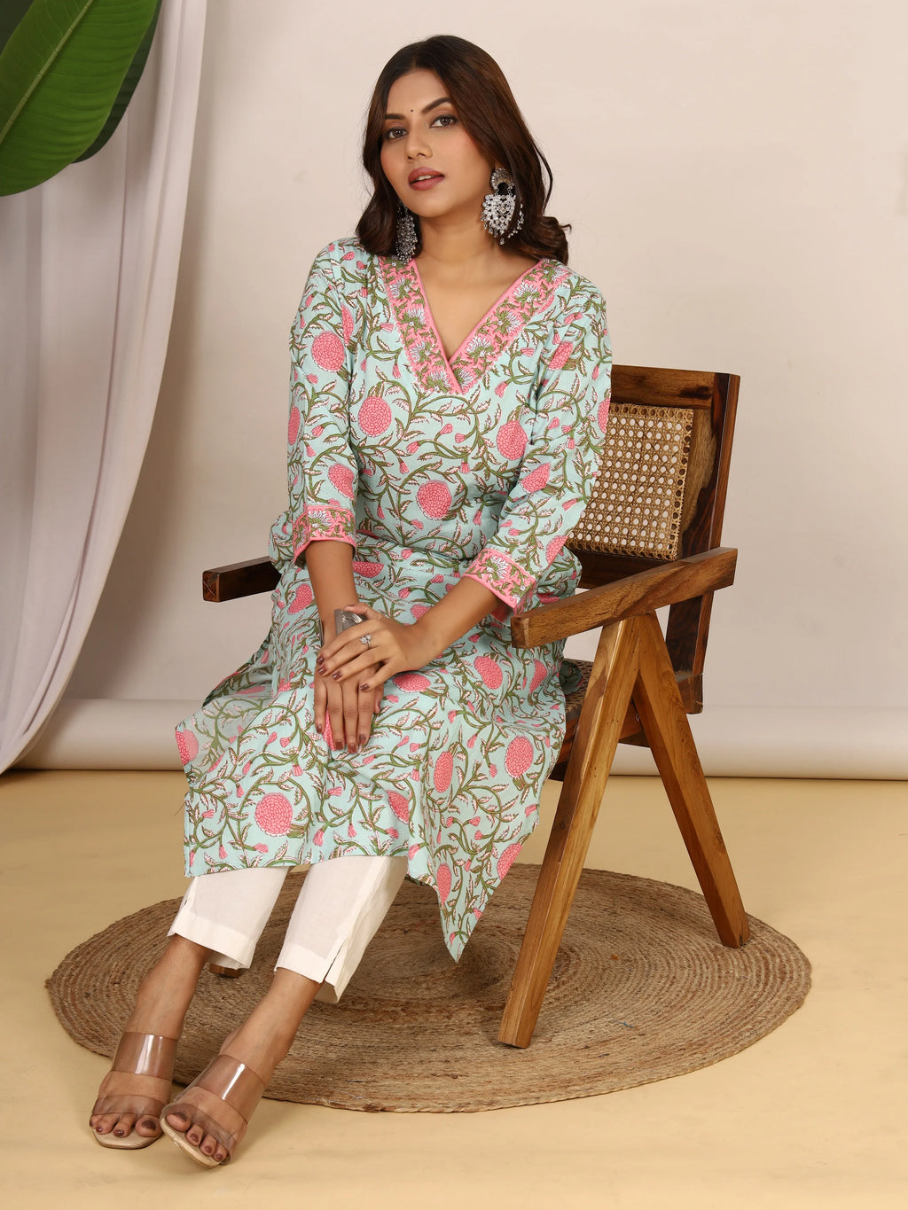 Sanganeri Bold Floral Seafoam & Pink Cotton Kurti