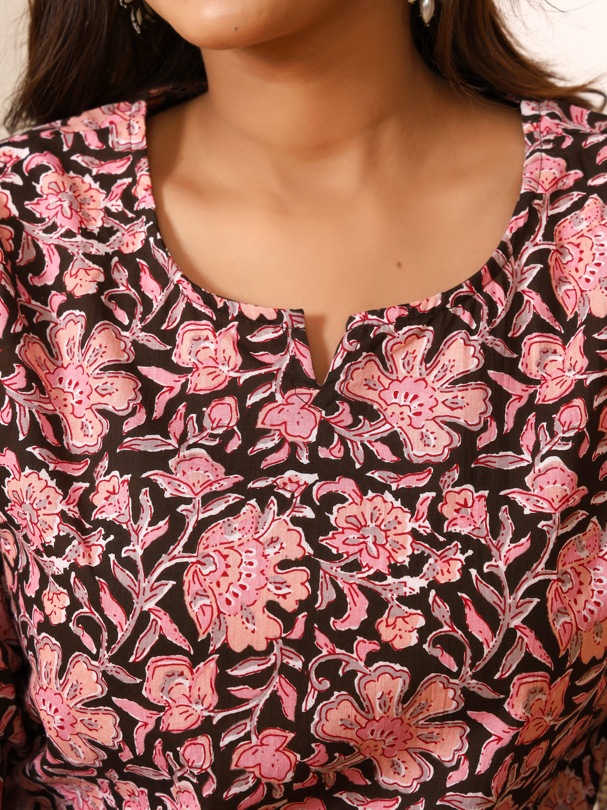 Black & Pink Floral Block Print Pure Cotton Top