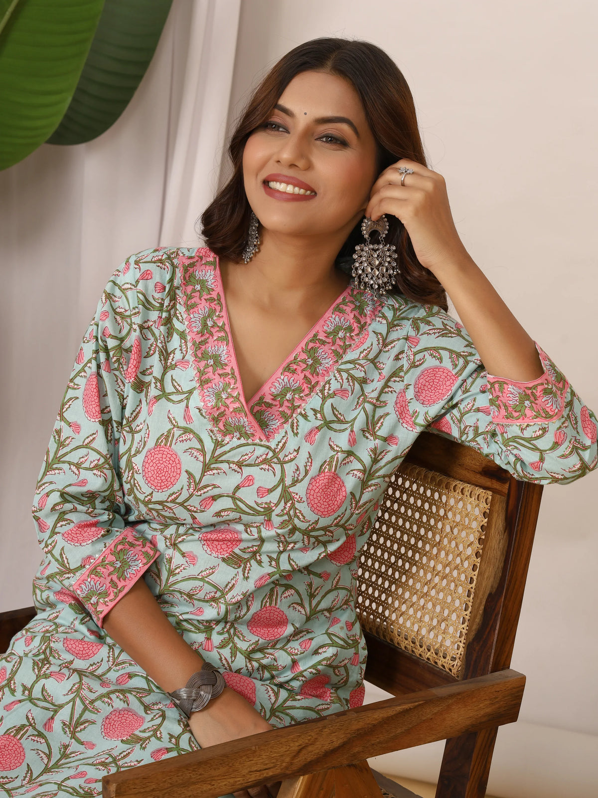 Sanganeri Bold Floral Seafoam & Pink Cotton Kurti