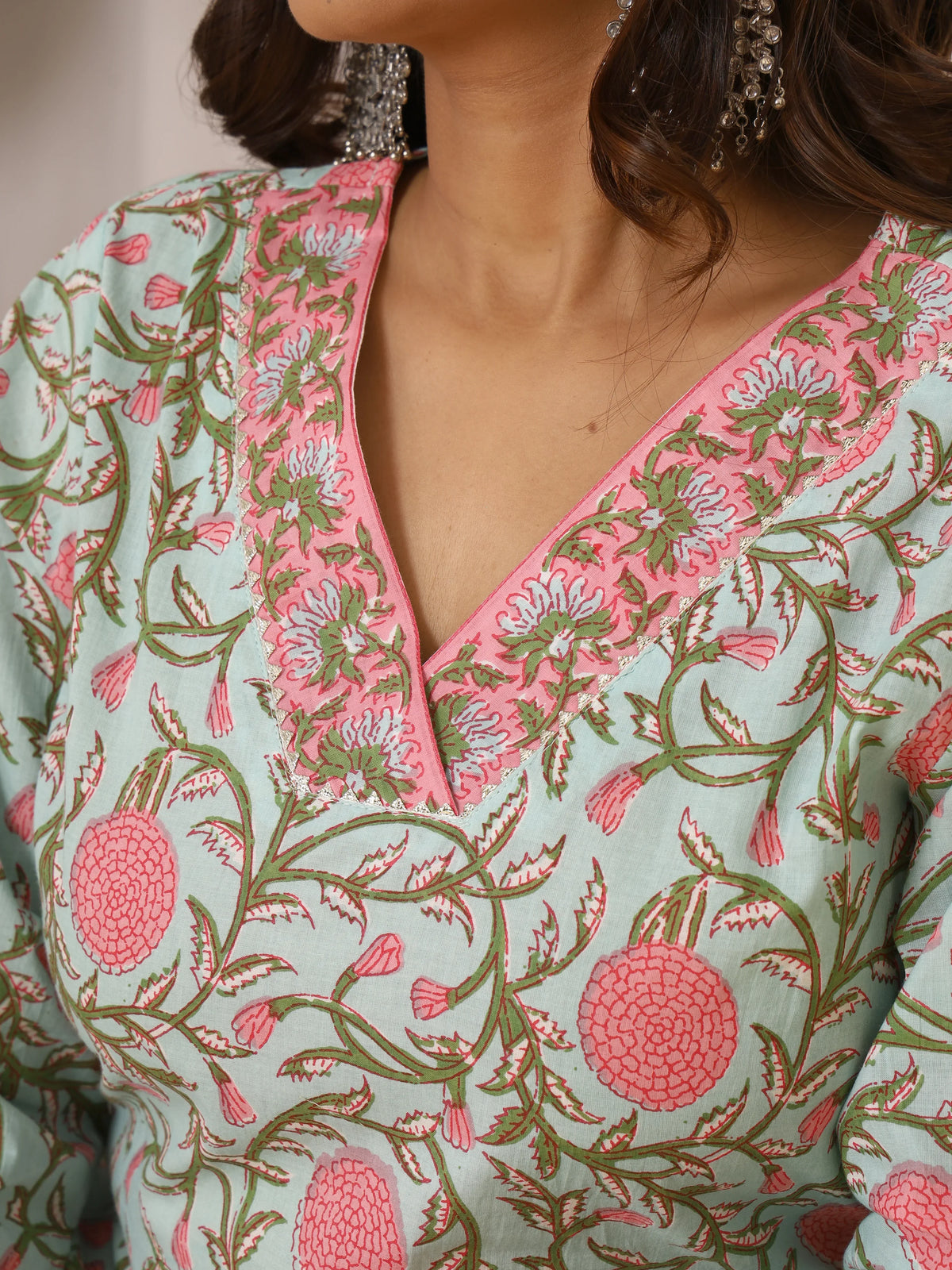 Sanganeri Bold Floral Seafoam & Pink Cotton Kurti