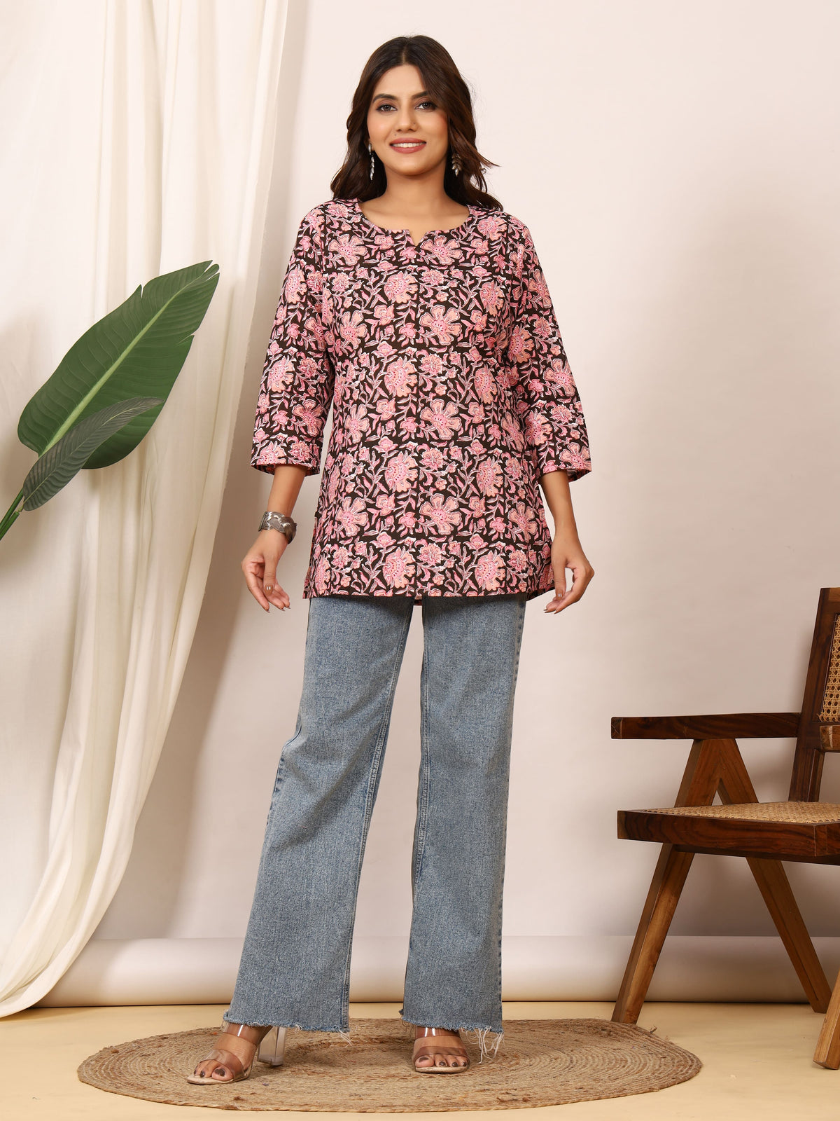 Black & Pink Floral Block Print Pure Cotton Top