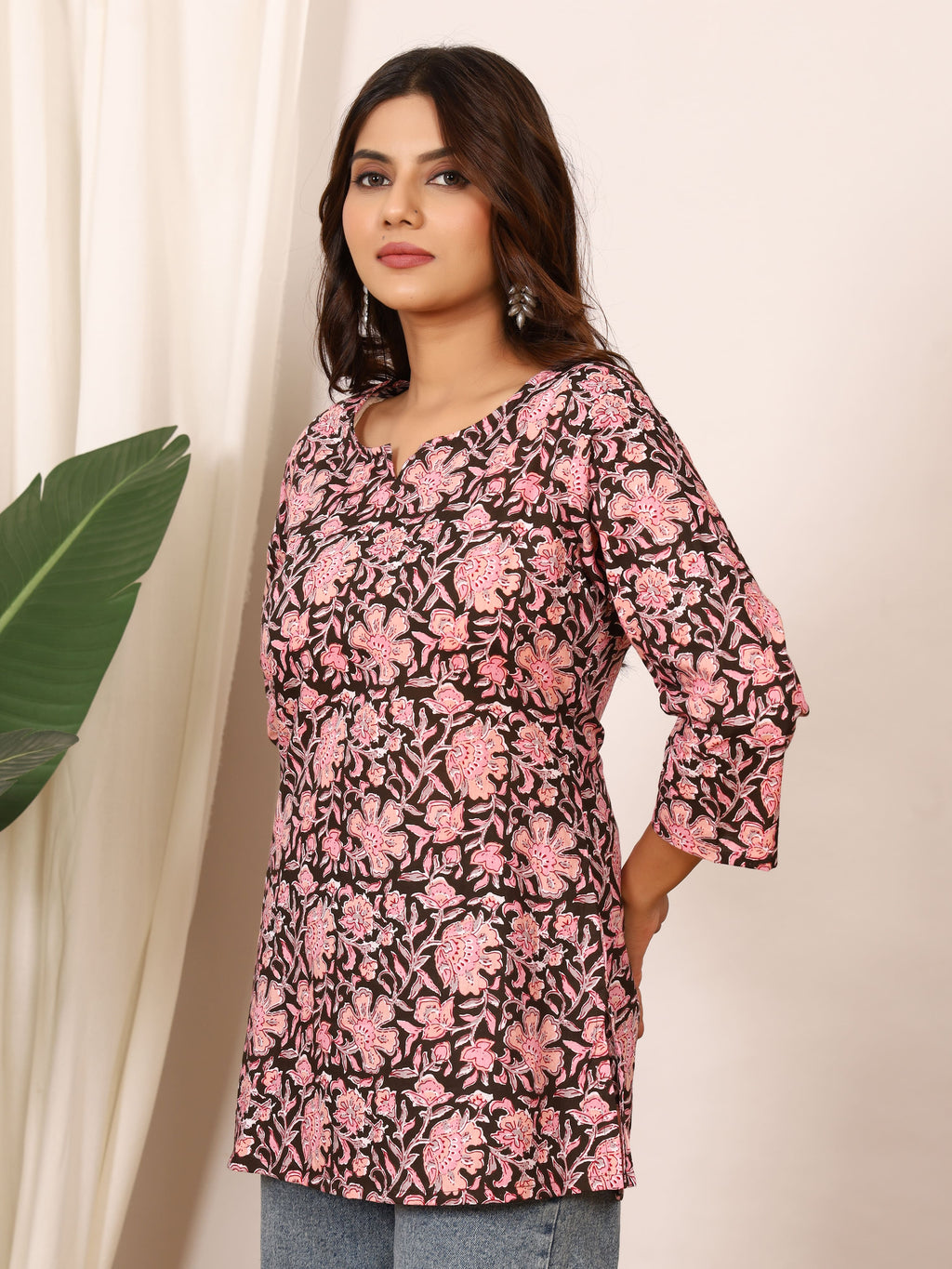 Black & Pink Floral Block Print Pure Cotton Top