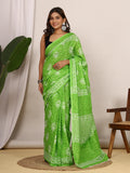 Pure Cotton Lime Green and White Saree with Traditional Peacock Block Print