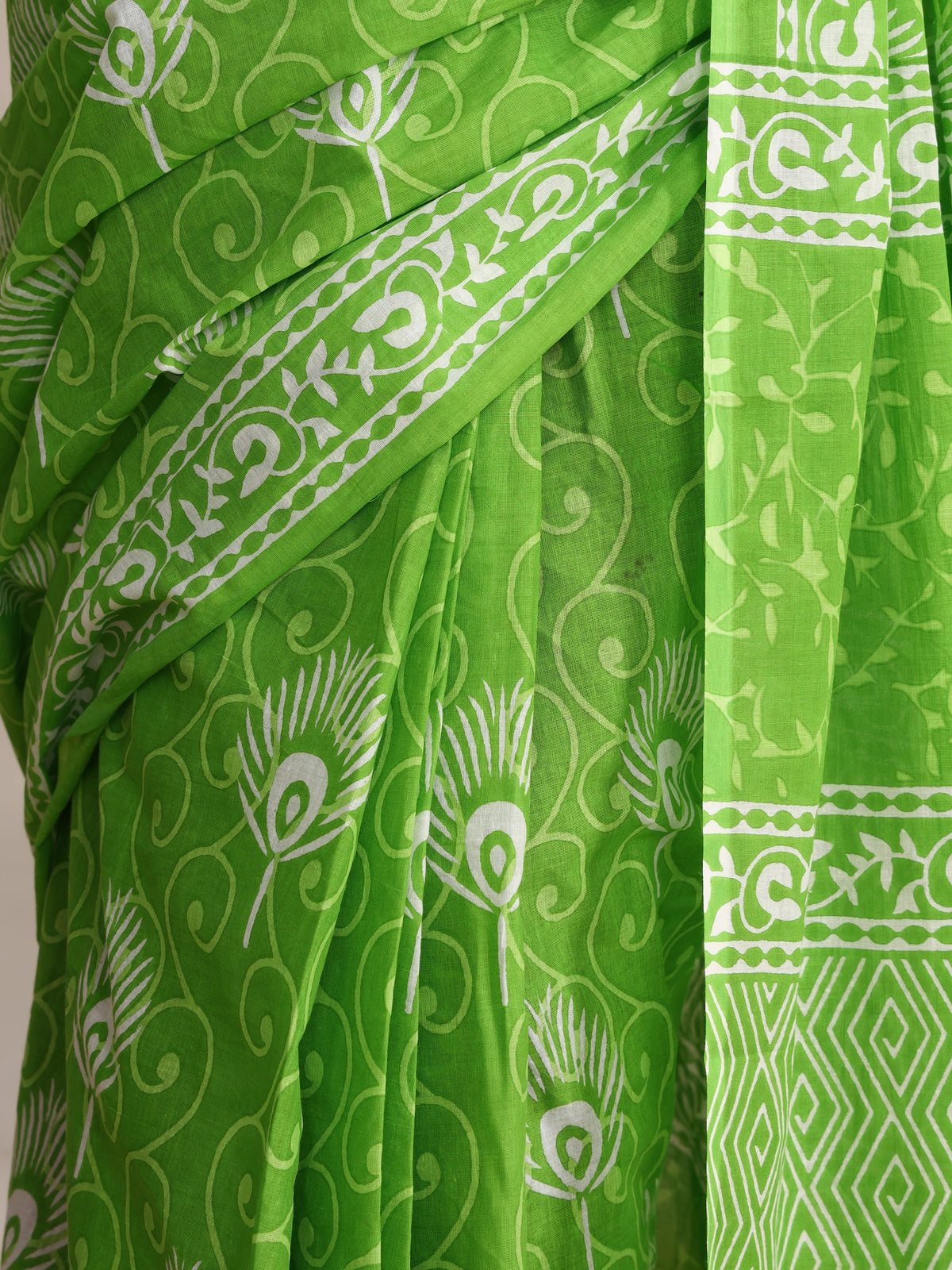 Pure Cotton Lime Green and White Saree with Traditional Peacock Block Print
