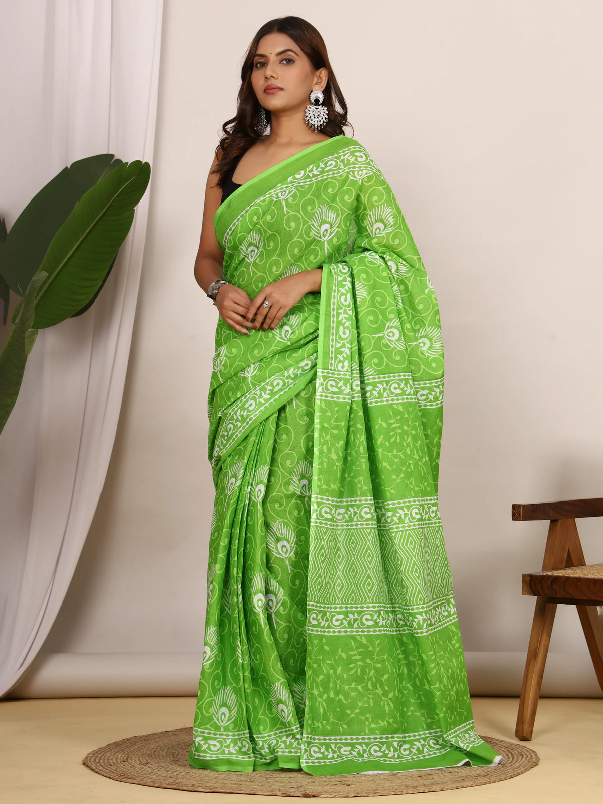 Pure Cotton Lime Green and White Saree with Traditional Peacock Block Print