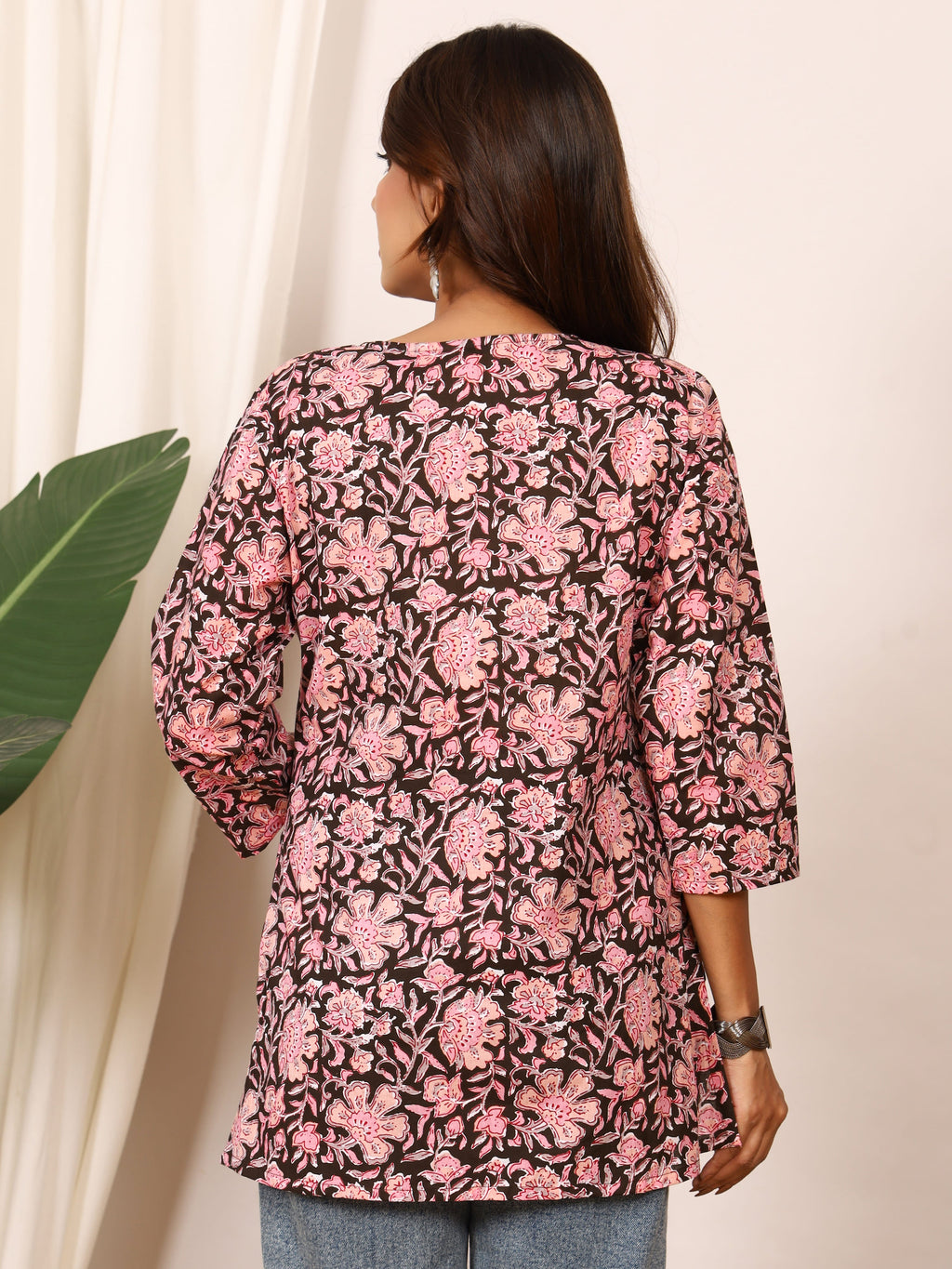 Black & Pink Floral Block Print Pure Cotton Top