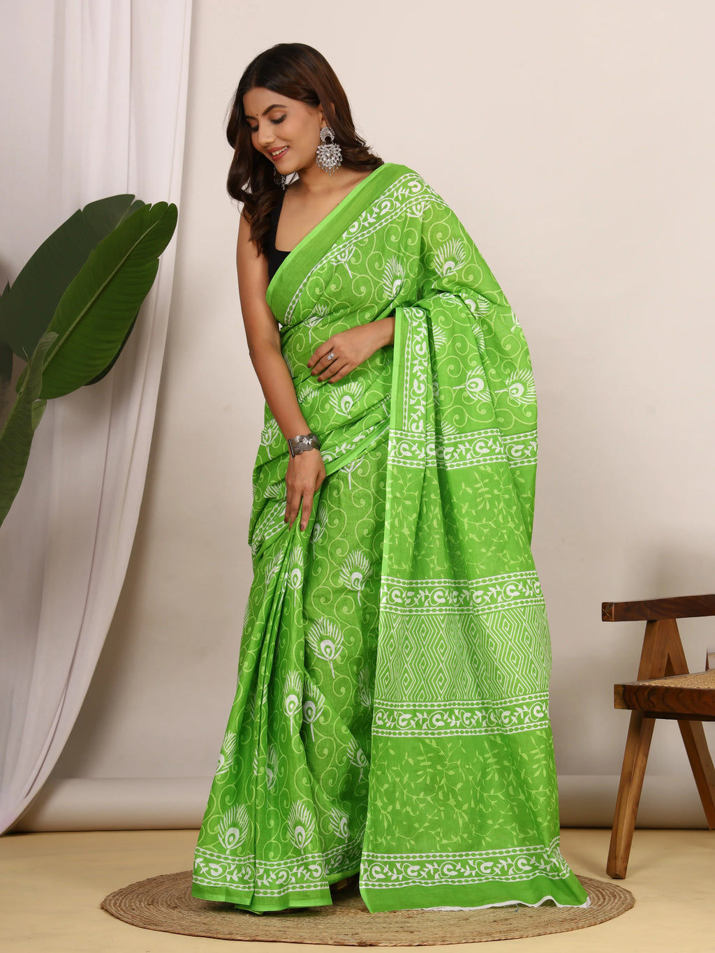 Pure Cotton Lime Green and White Saree with Traditional Peacock Block Print