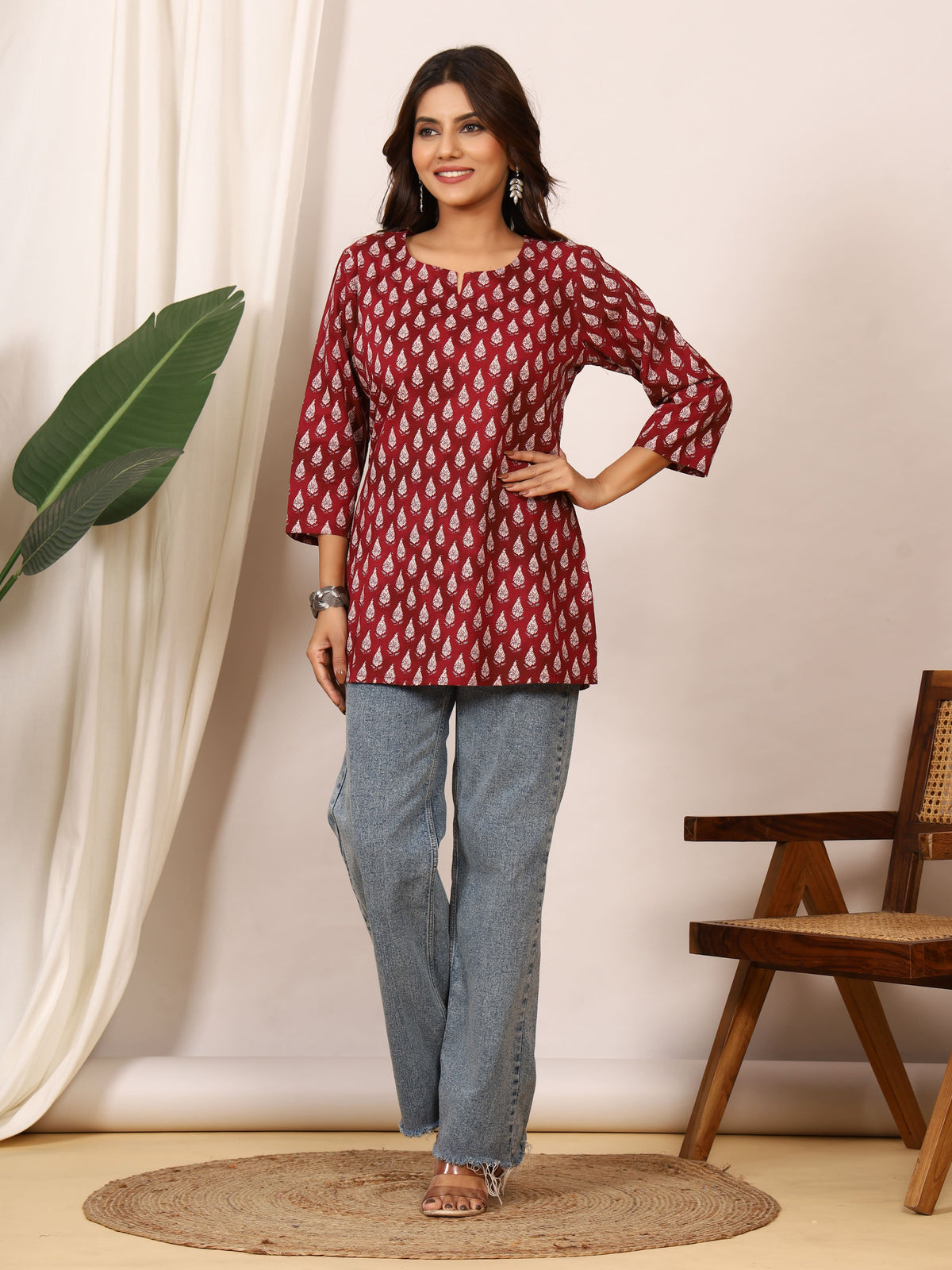 Maroon & White Leaf Dye-Discharge Pure Cotton Top