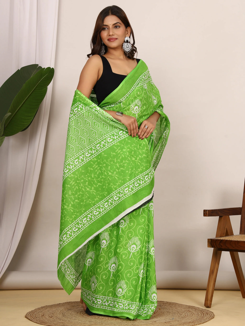 Pure Cotton Lime Green and White Saree with Traditional Peacock Block Print