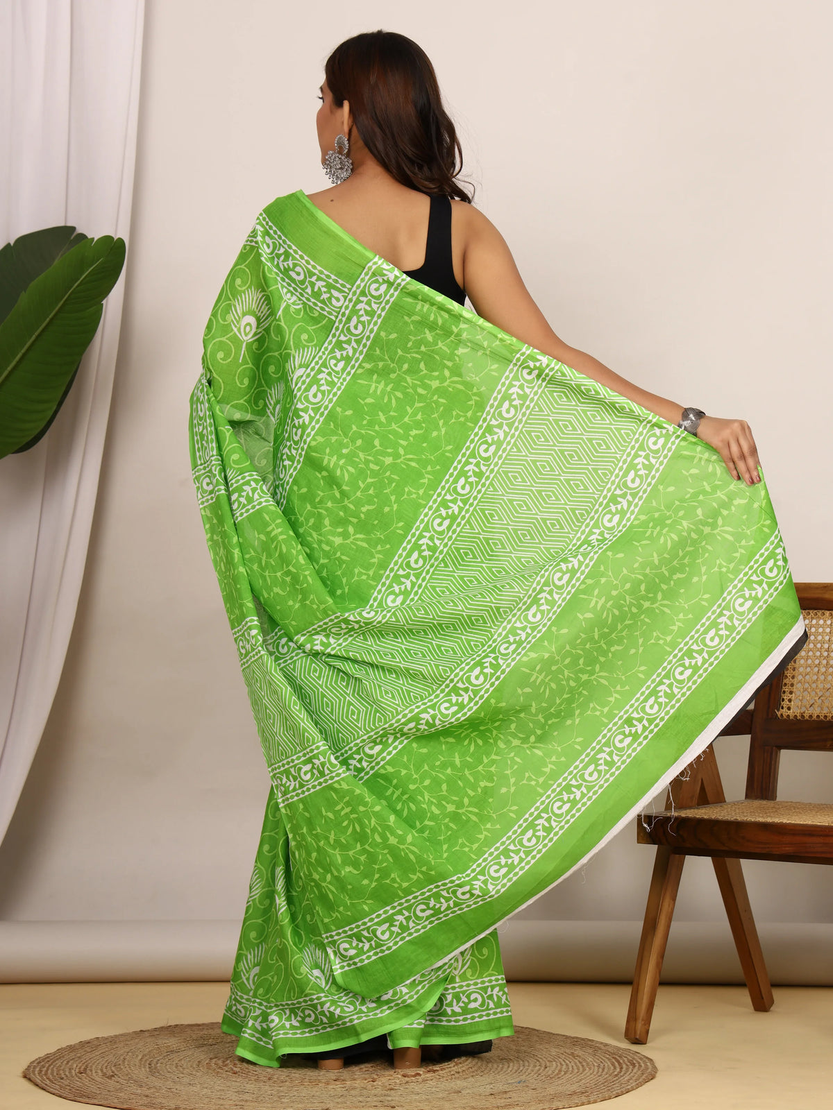 Pure Cotton Lime Green and White Saree with Traditional Peacock Block Print
