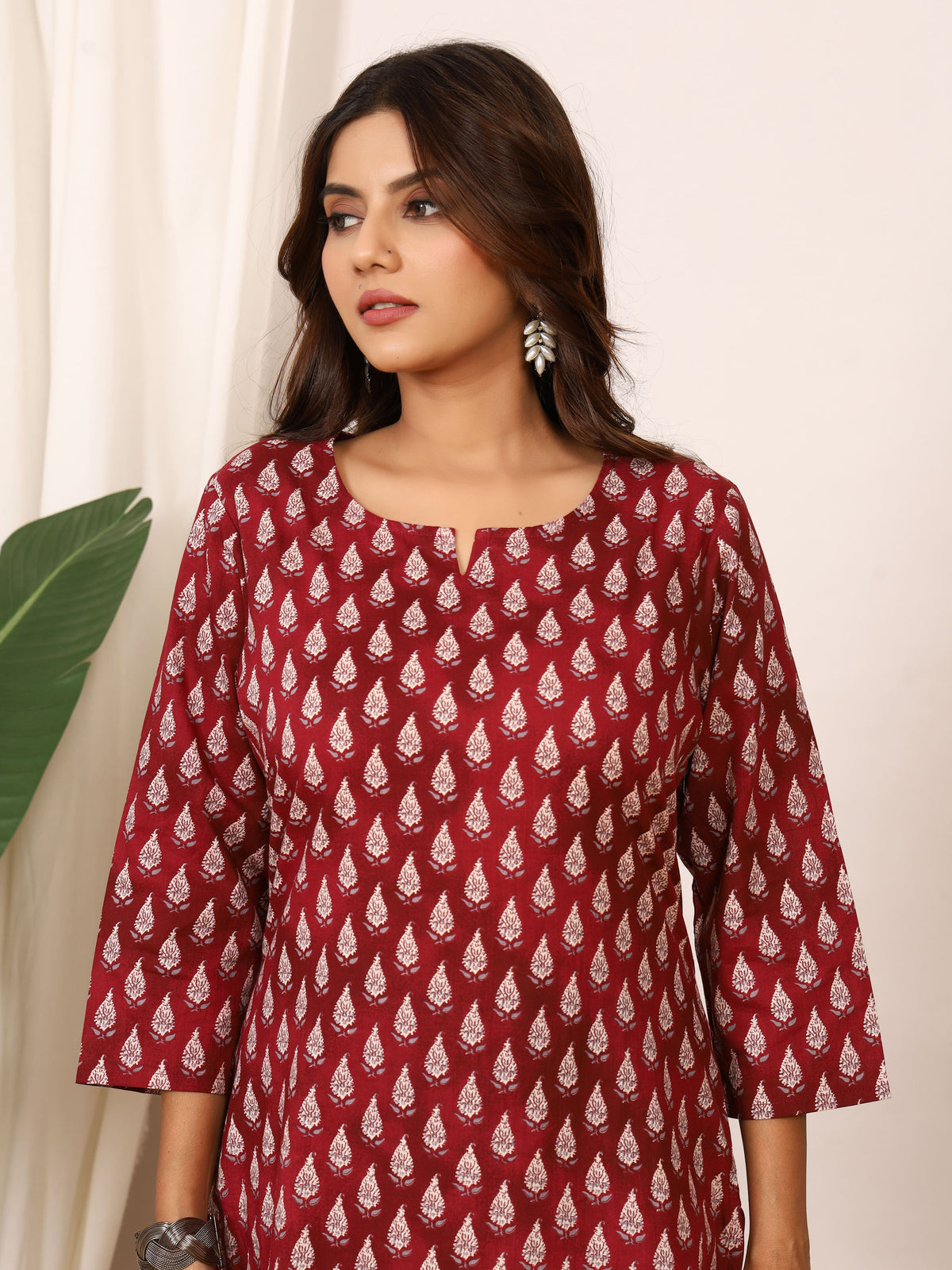 Maroon & White Leaf Dye-Discharge Pure Cotton Top