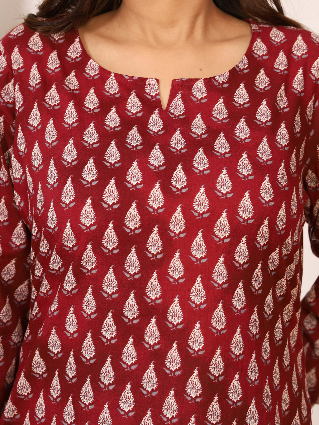Maroon & White Leaf Dye-Discharge Pure Cotton Top