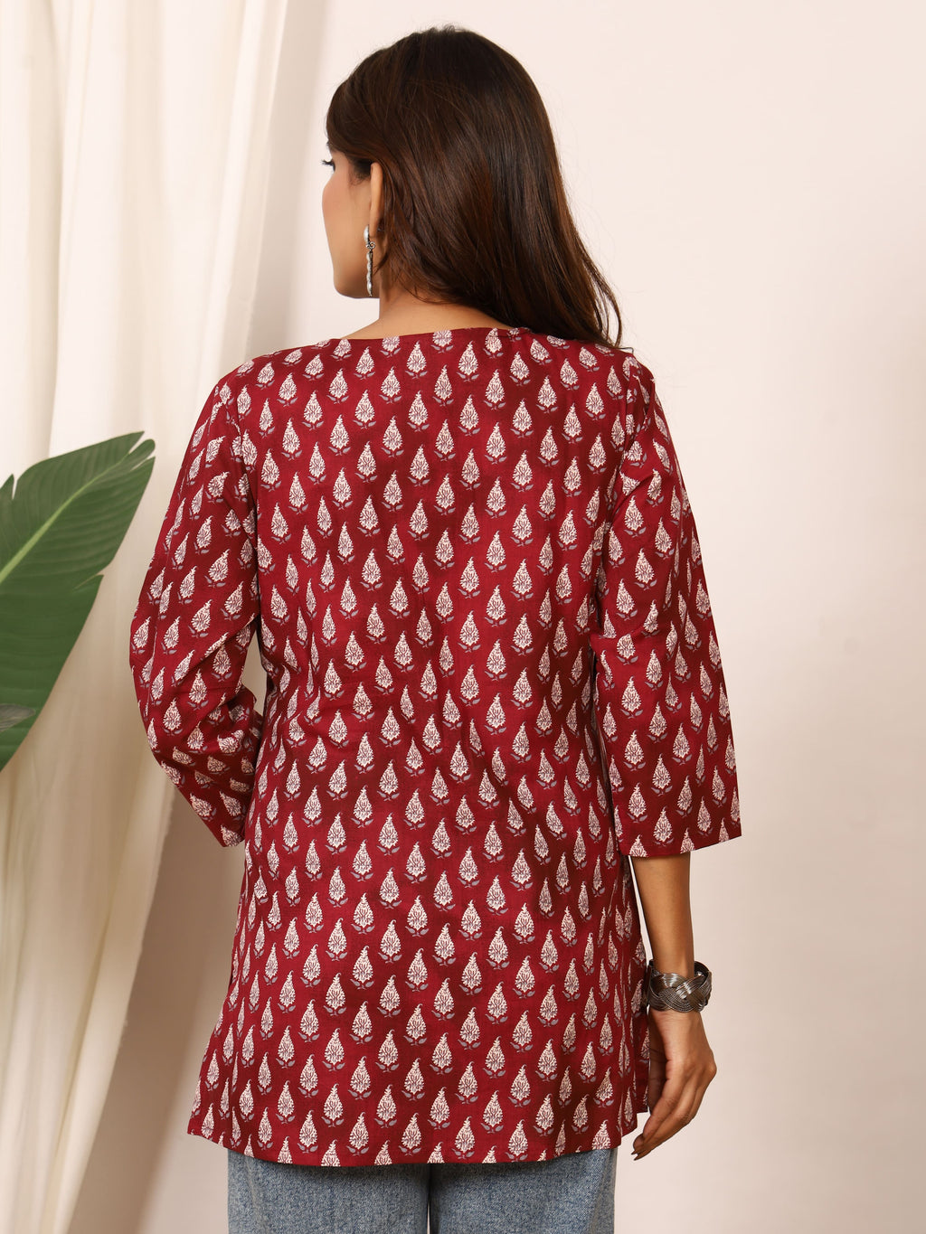 Maroon & White Leaf Dye-Discharge Pure Cotton Top
