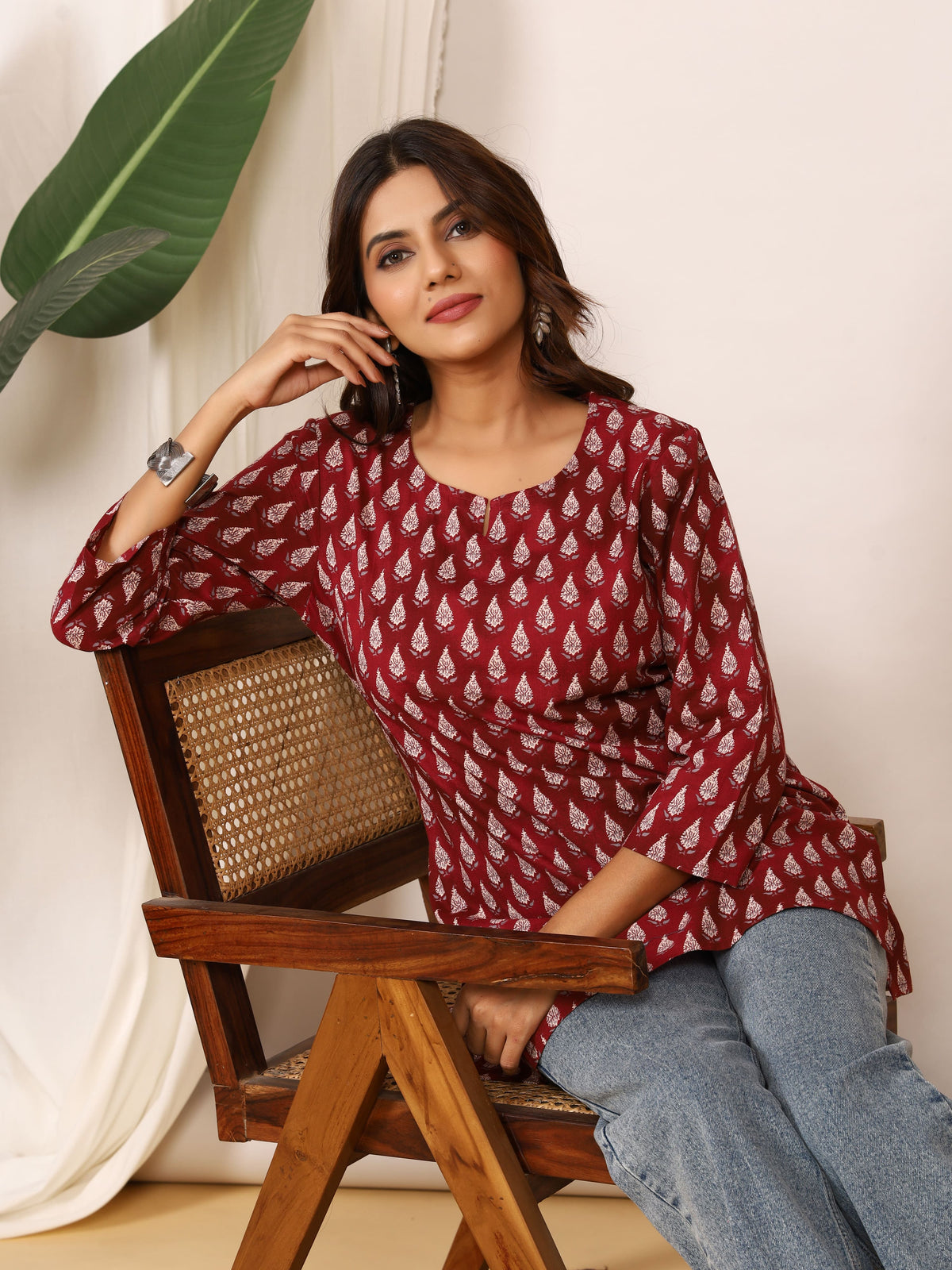 Maroon & White Leaf Dye-Discharge Pure Cotton Top