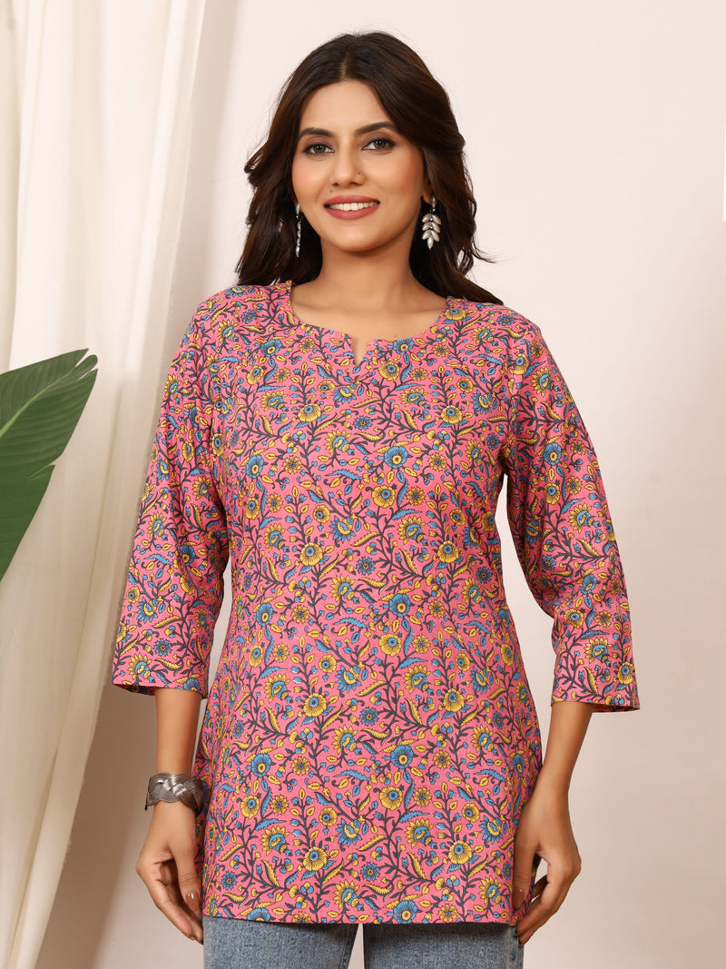 Pink & Blue Floral Block Print Pure Cotton Top