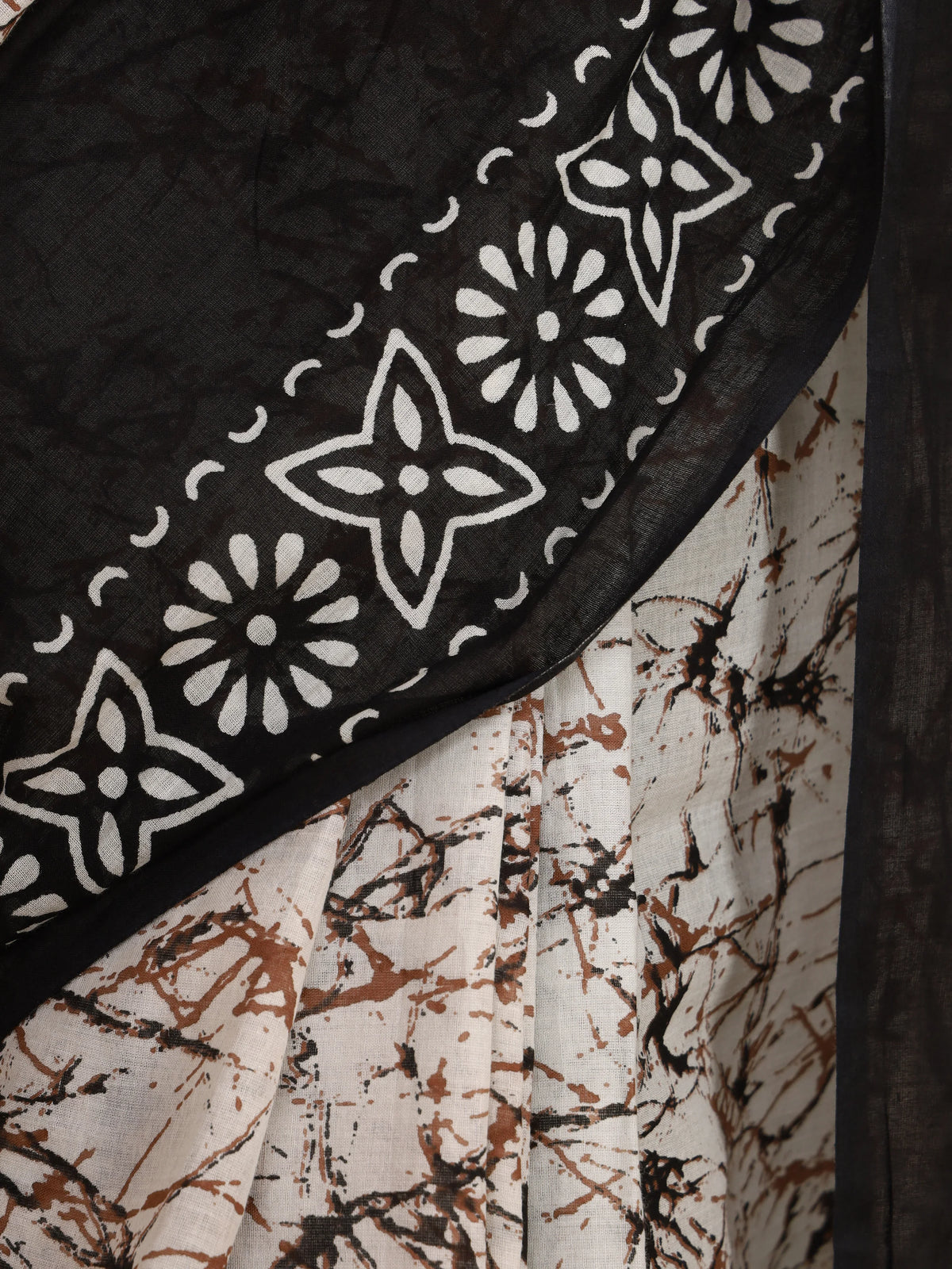 Pure Cotton Black and White Batik Saree with Geometric Block Print