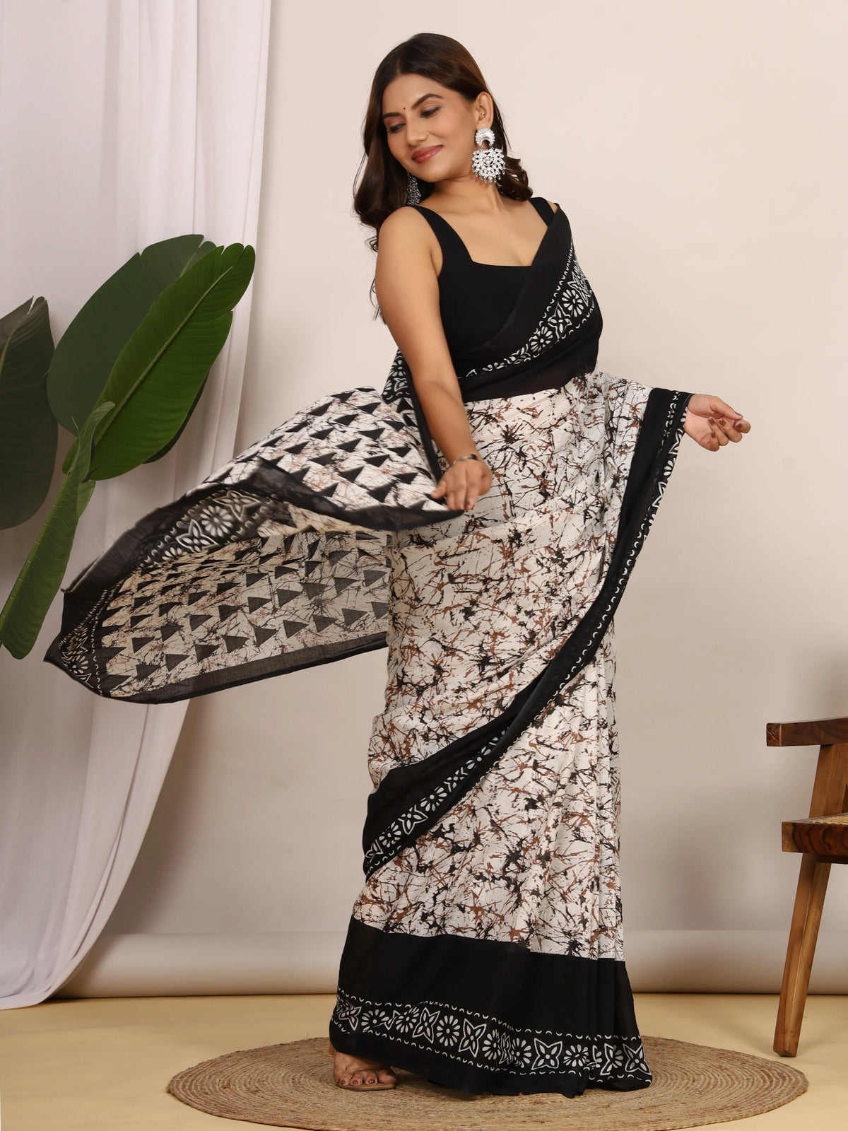 Pure Cotton Black and White Batik Saree with Geometric Block Print