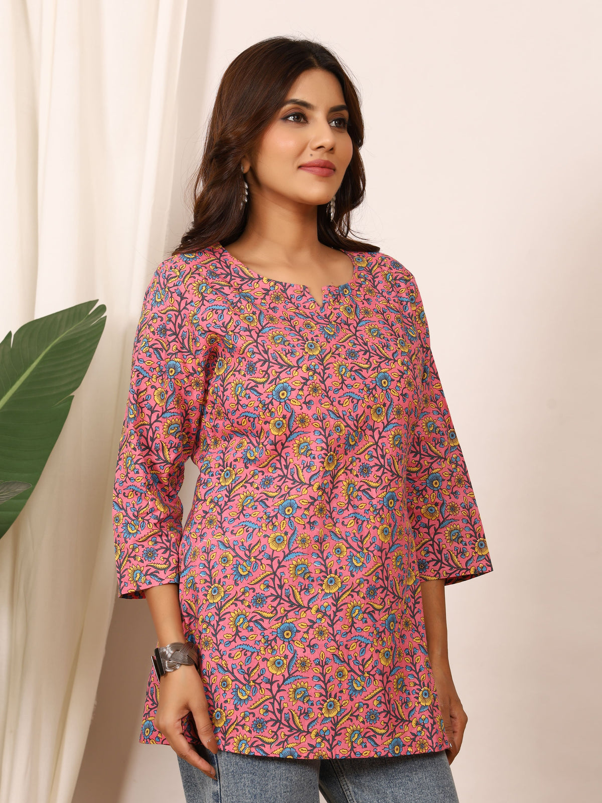 Pink & Blue Floral Block Print Pure Cotton Top
