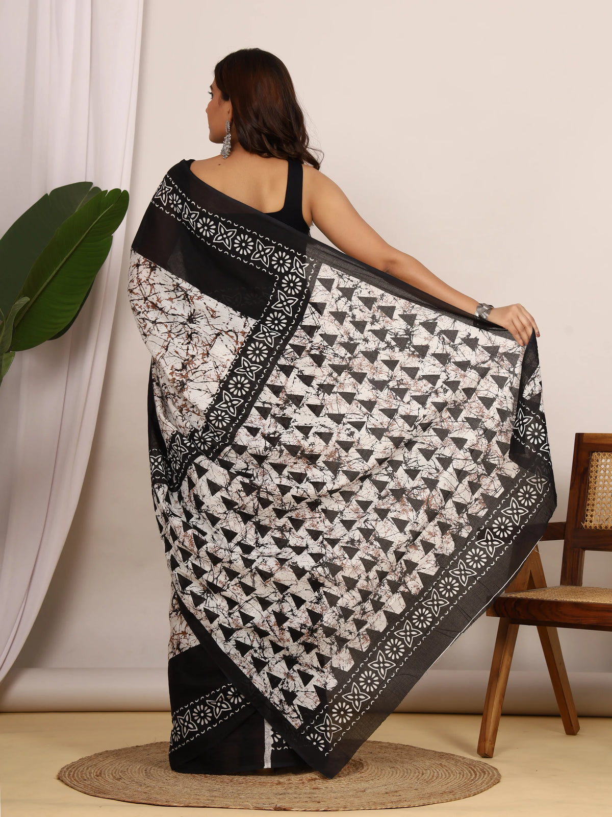 Pure Cotton Black and White Batik Saree with Geometric Block Print