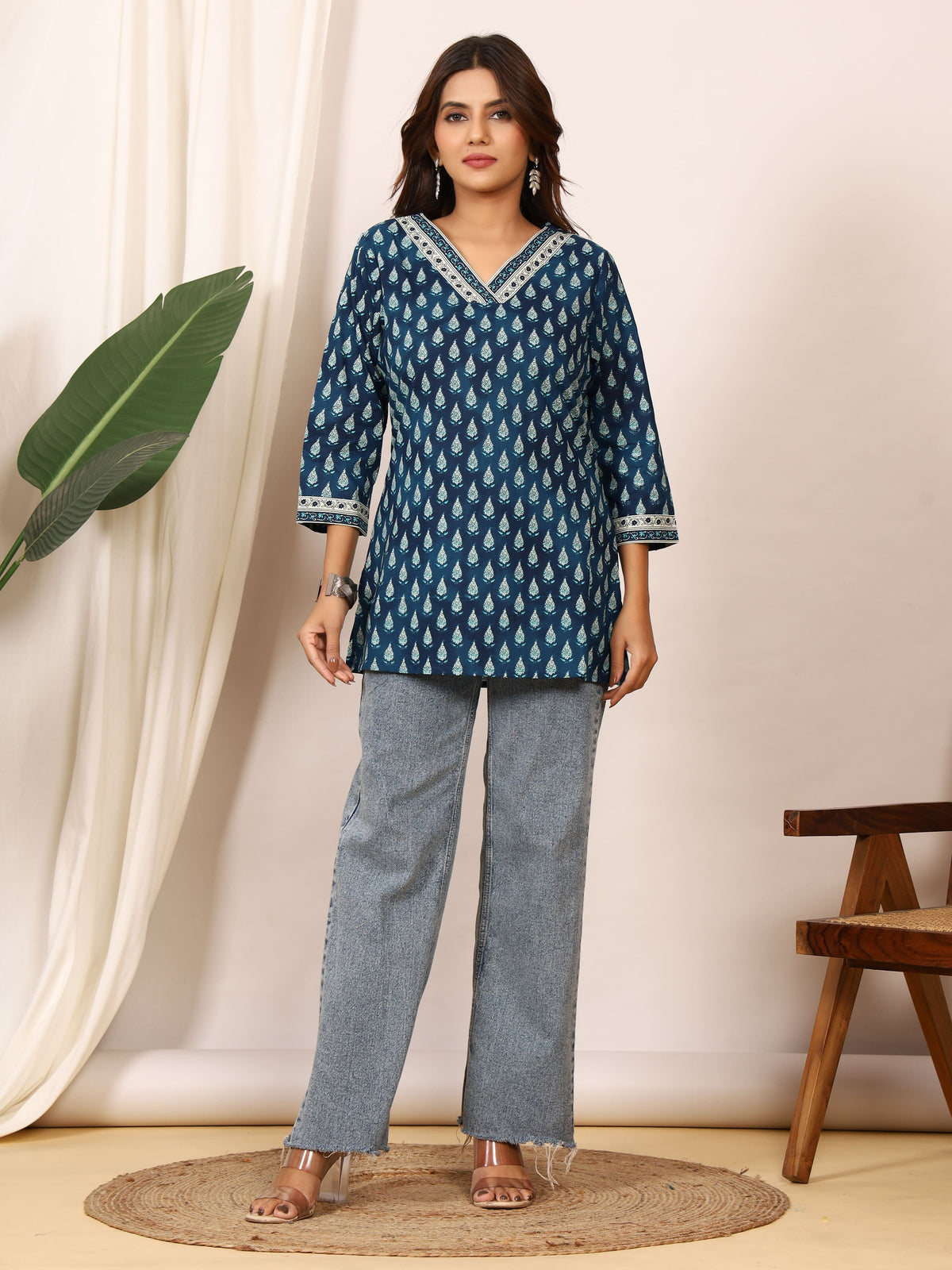 Teal Blue & White Double Shade Discharge Pure Cotton Top